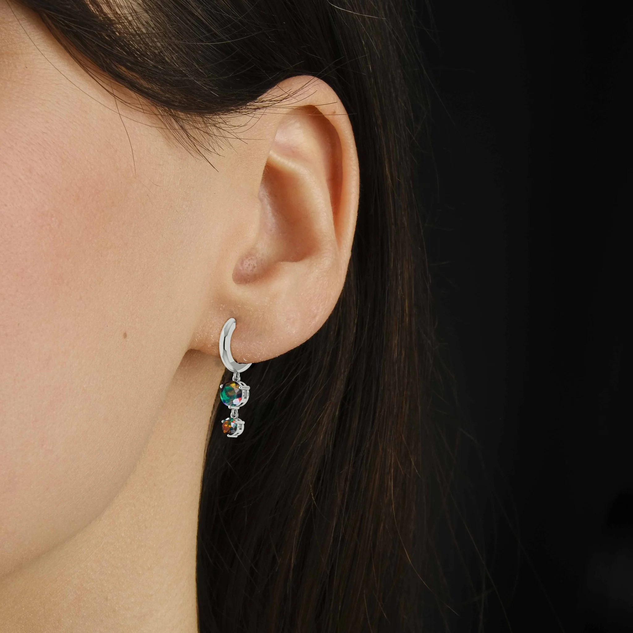 2 Round Stone Natural Black Opal Drop Hoop Earrings - Image 3