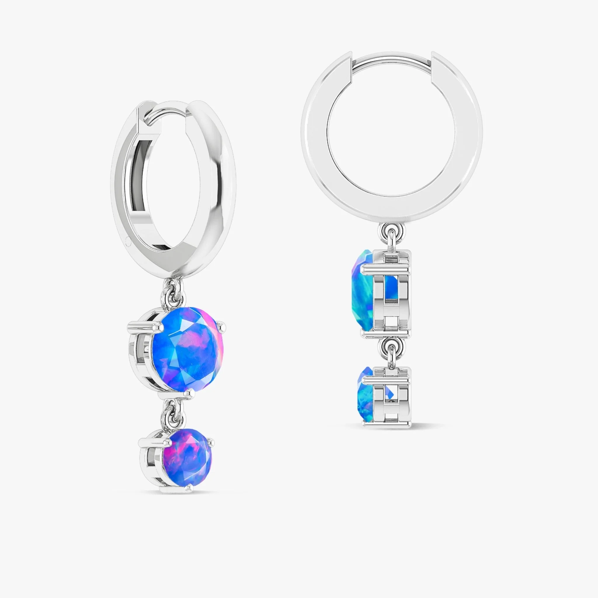 2 Round Stone Natural Blue Opal Drop Hoop Earrings - Image 5