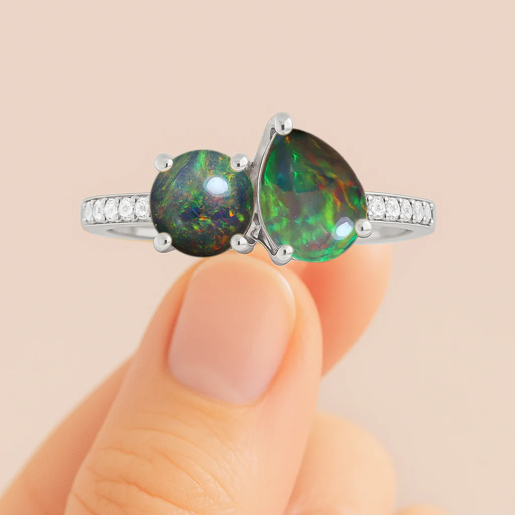 2-Stone Black Opal Ring in 925 Sterling Silver Pear & Round, 1.70 CRT - Image 5