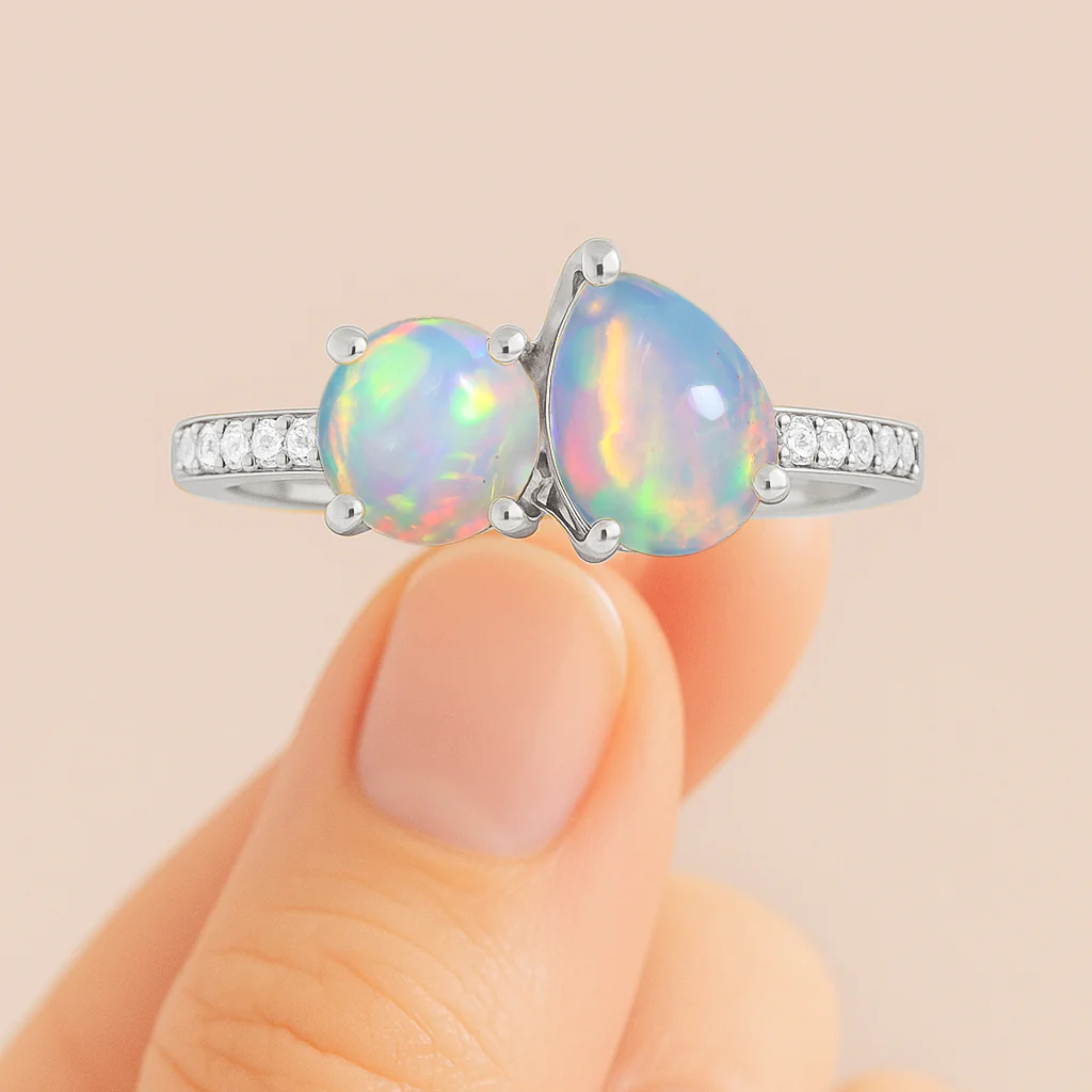 2-Stone White Opal Ring in 925 Sterling Silver Pear & Round, 1.70 CRT - Image 4
