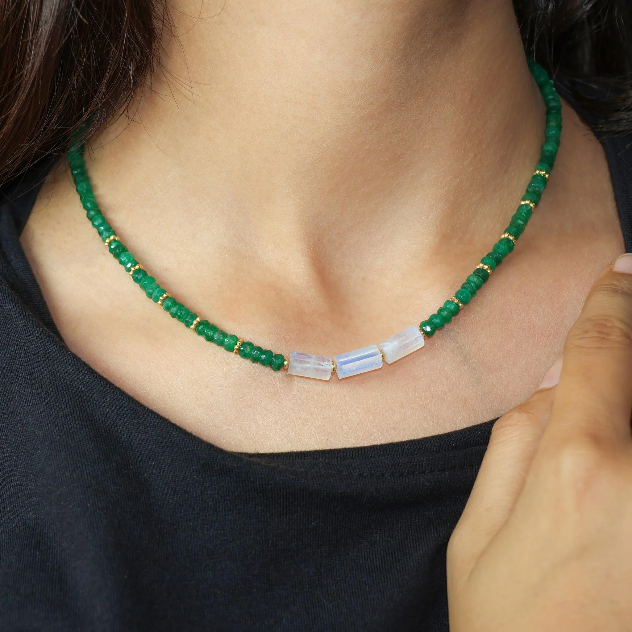 3 White Pencil Beaded Necklace Natural Moonstone and Emerald - Image 2