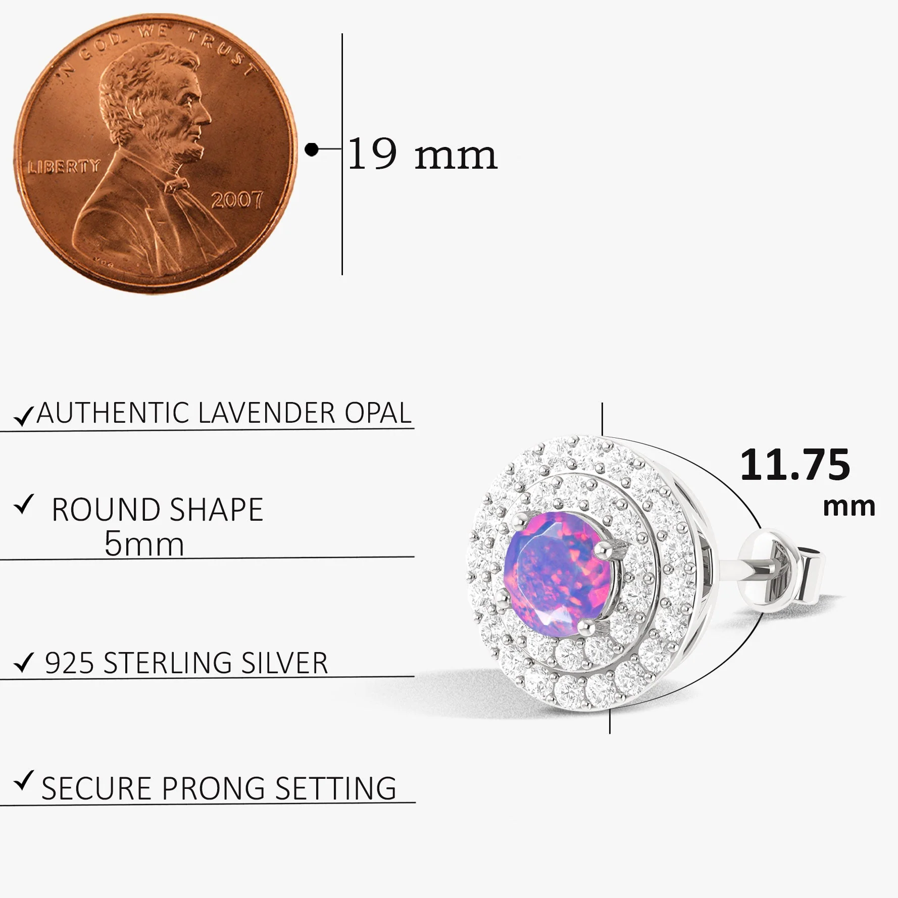 5MM Round Natural Lavender Opal Halo Stud Earrings with Push Back - Image 5