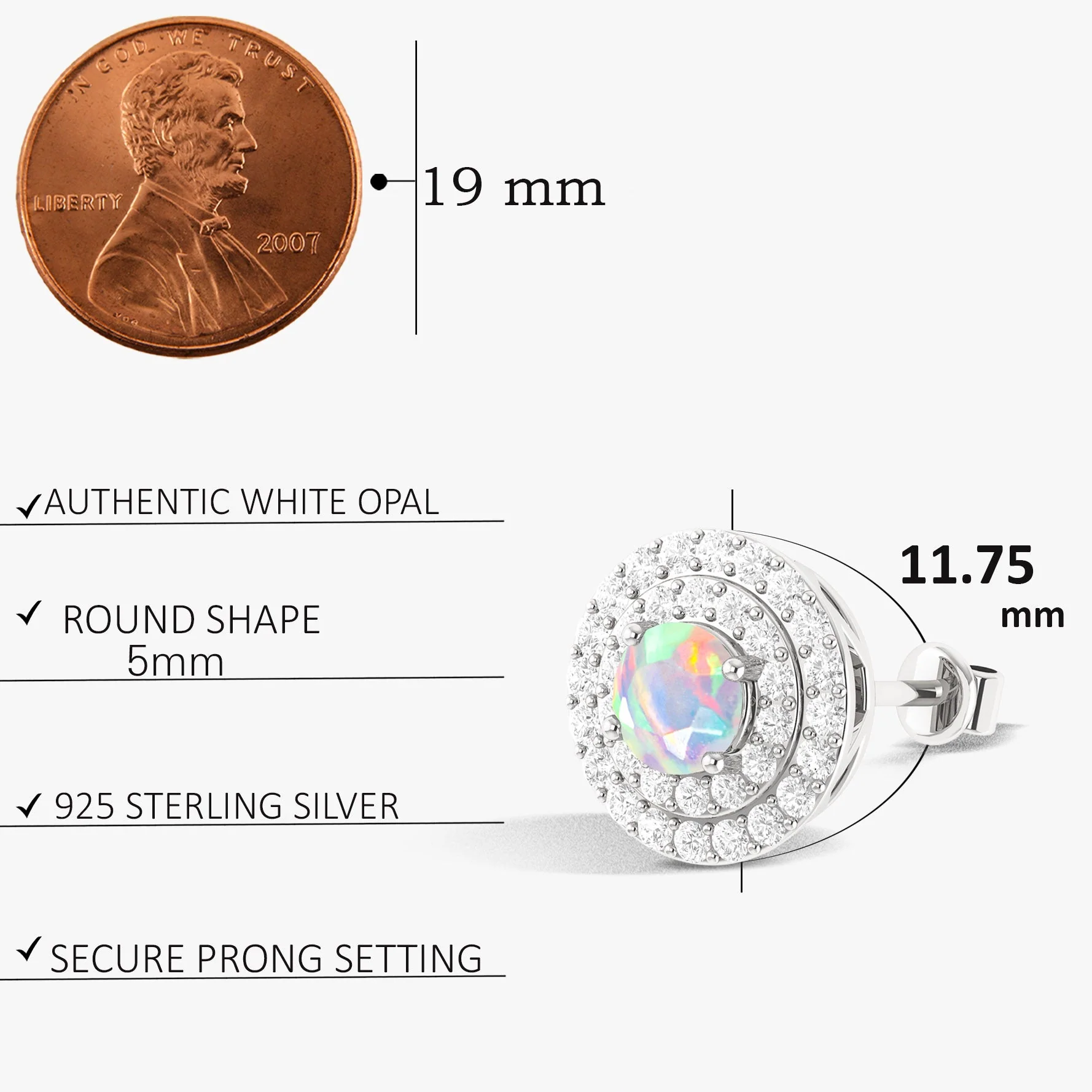 5MM Round Natural White Opal Halo Stud Earrings with Push Back - Image 5