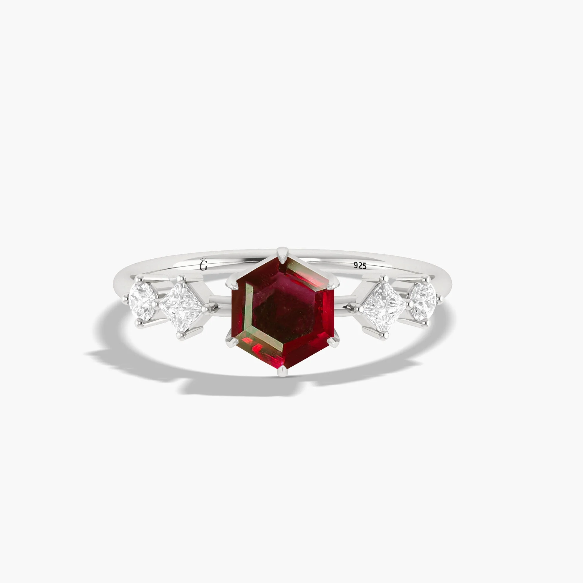 6MM Hexagon Shape Natural Ruby 5 Stone Ring for Women