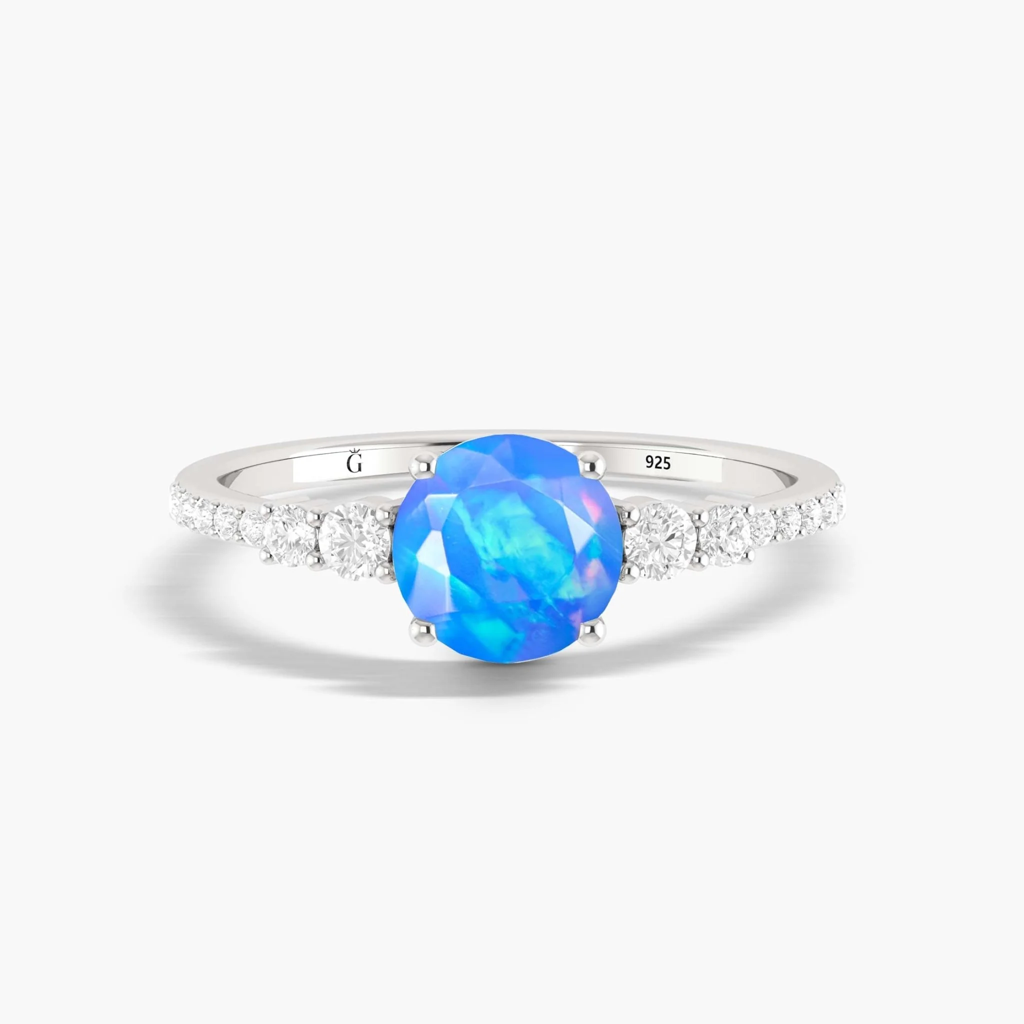 7MM Blue Opal Solitaire Wedding Ring with White Zircon