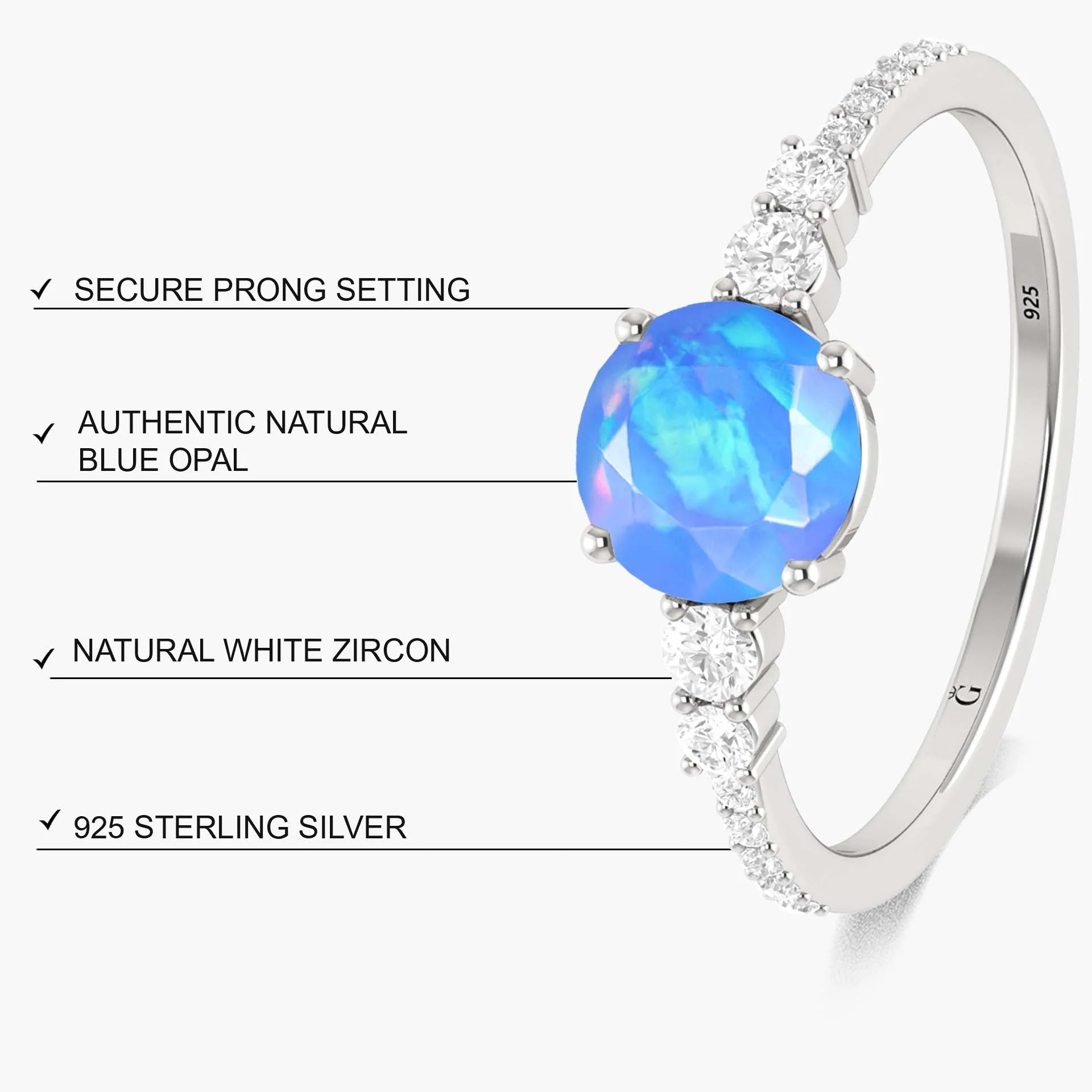 7MM Blue Opal Solitaire Wedding Ring with White Zircon - Image 5