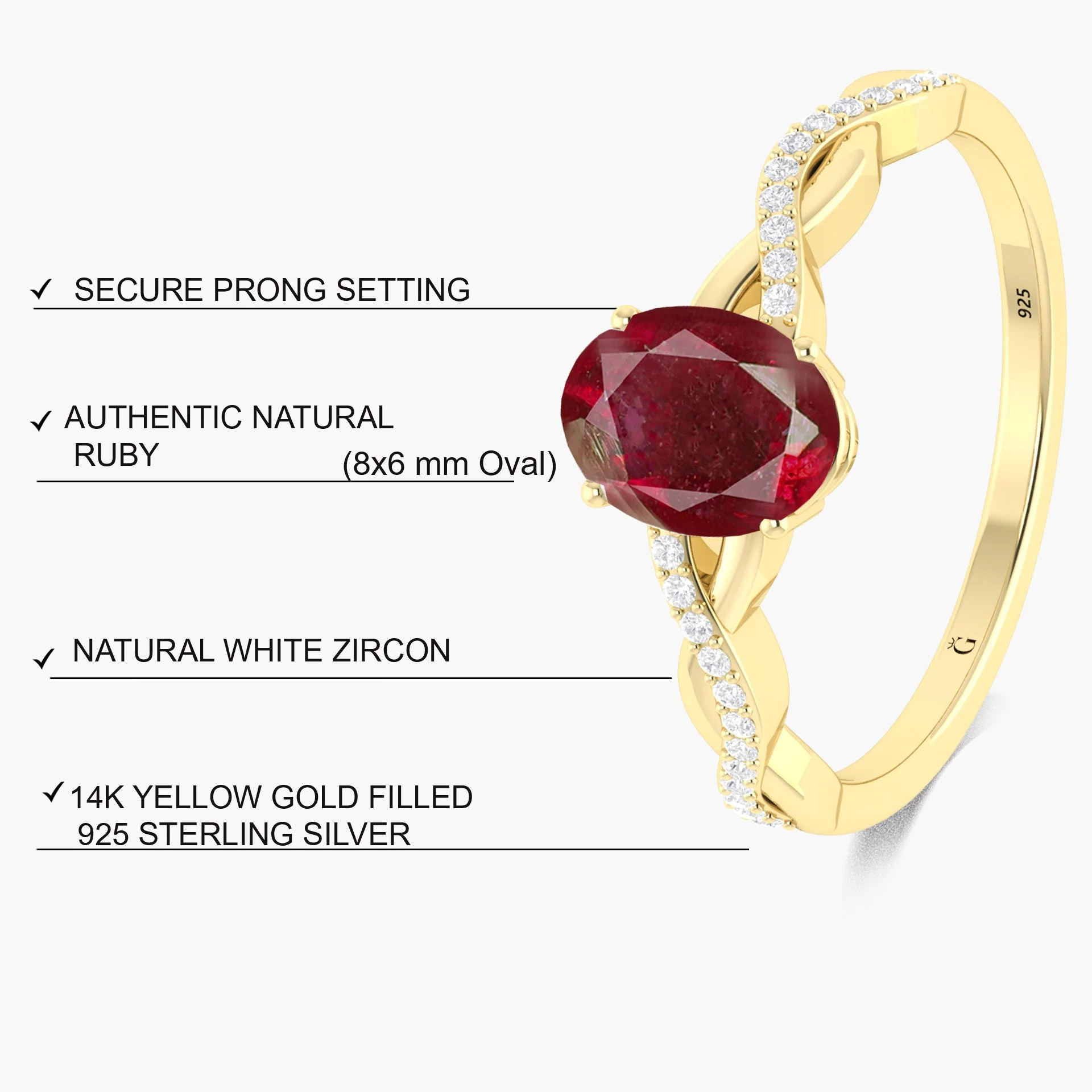 8x6mm Natural Ruby Crossover Ring for Women - Image 5