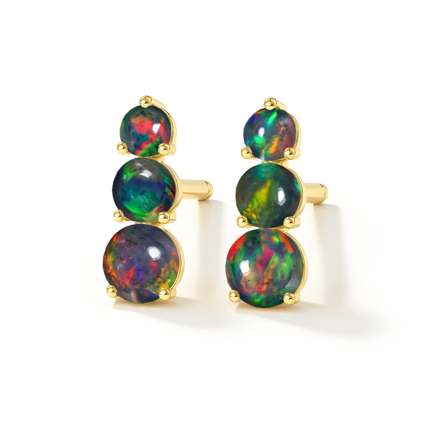 925 Silver Black Opal Triple Round Stud Earrings 5mm 4mm 3mm Stones 2.80ct - Image 2