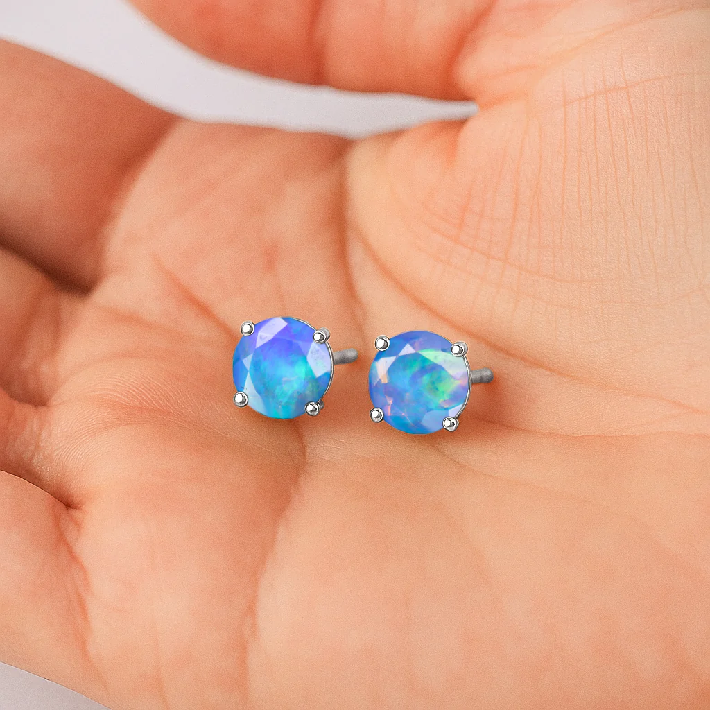 925 Silver Blue Opal Round Stone Stud Earrings 5mm Gem 0.65 Ct - Image 4