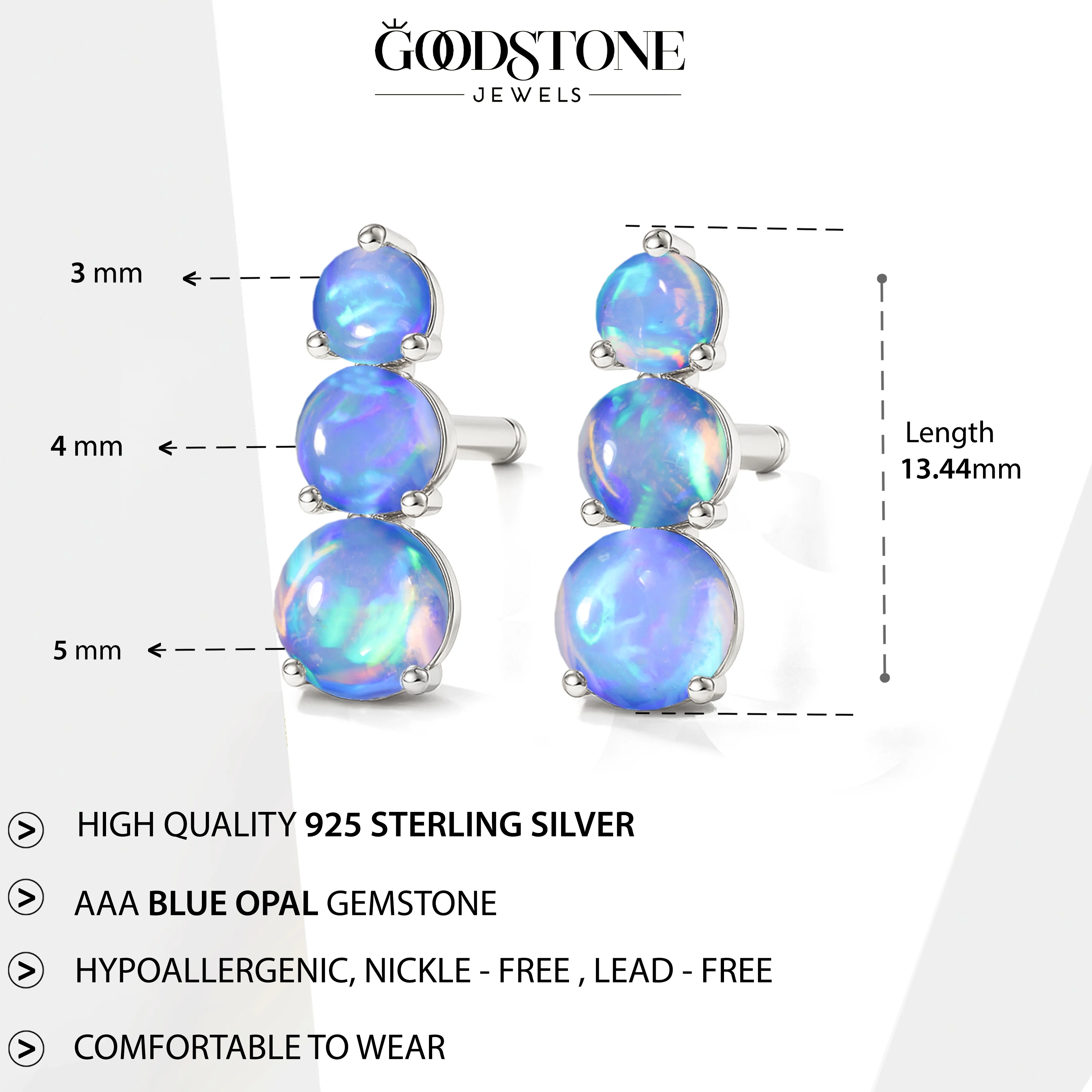 925 Silver Blue Opal Triple Round Stud Earrings 5mm 4mm 3mm Stones 2.80ct - Image 3