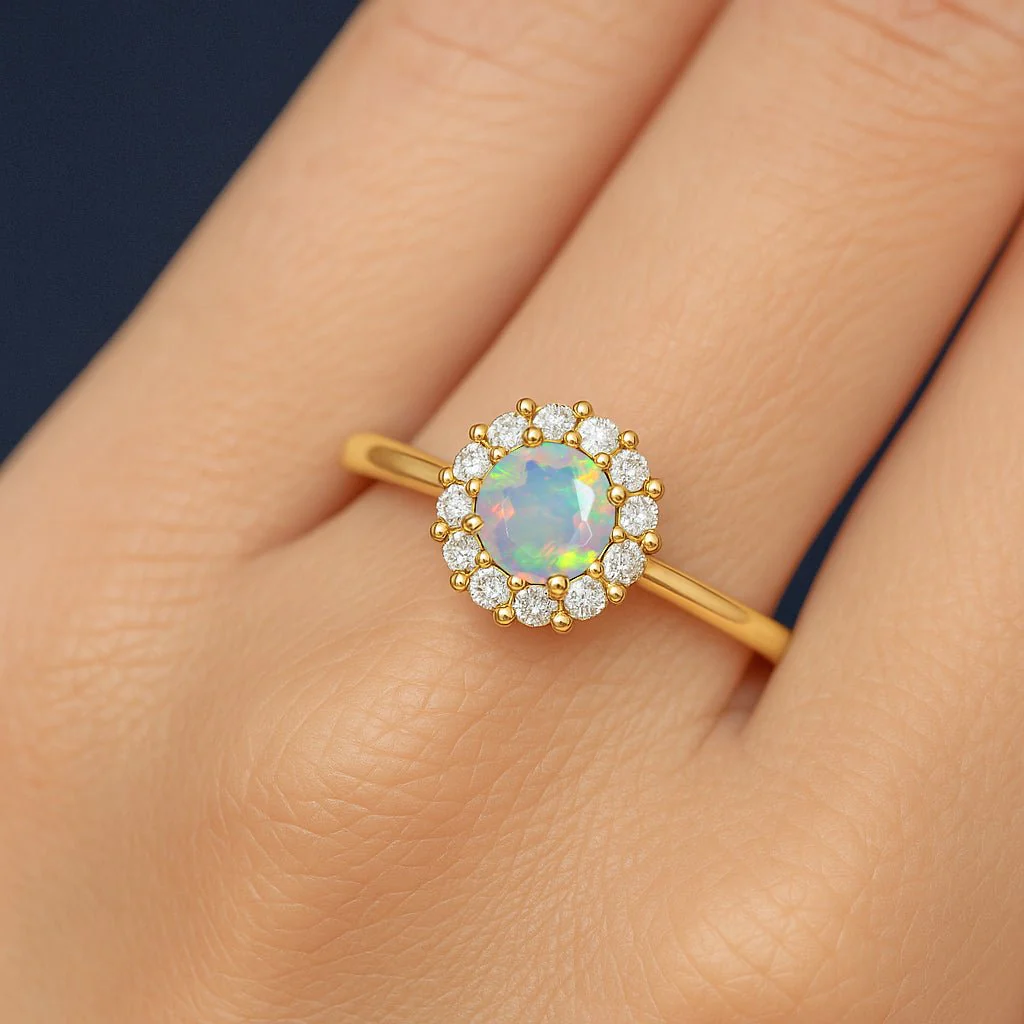 925 Silver & Gold Plated White Opal Halo Wedding Ring - Image 3