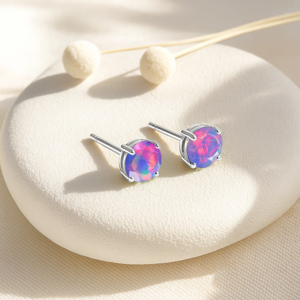 925 Silver Lavender Opal Round Stone Stud Earrings 5mm Gem 0.65 Ct - Image 9
