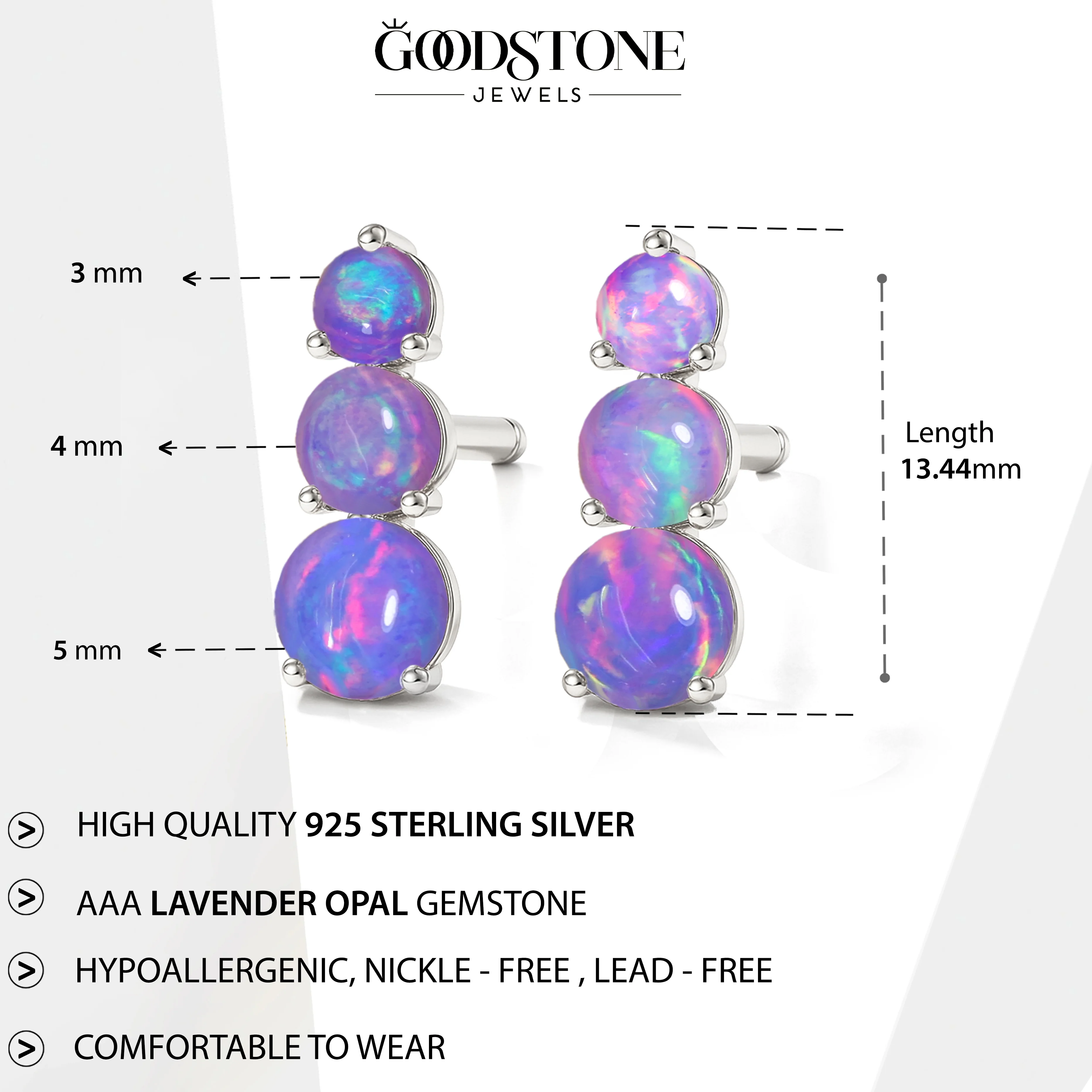925 Silver Lavender Opal Triple Round Stud Earrings 5mm 4mm 3mm Stones 2.80ct - Image 4