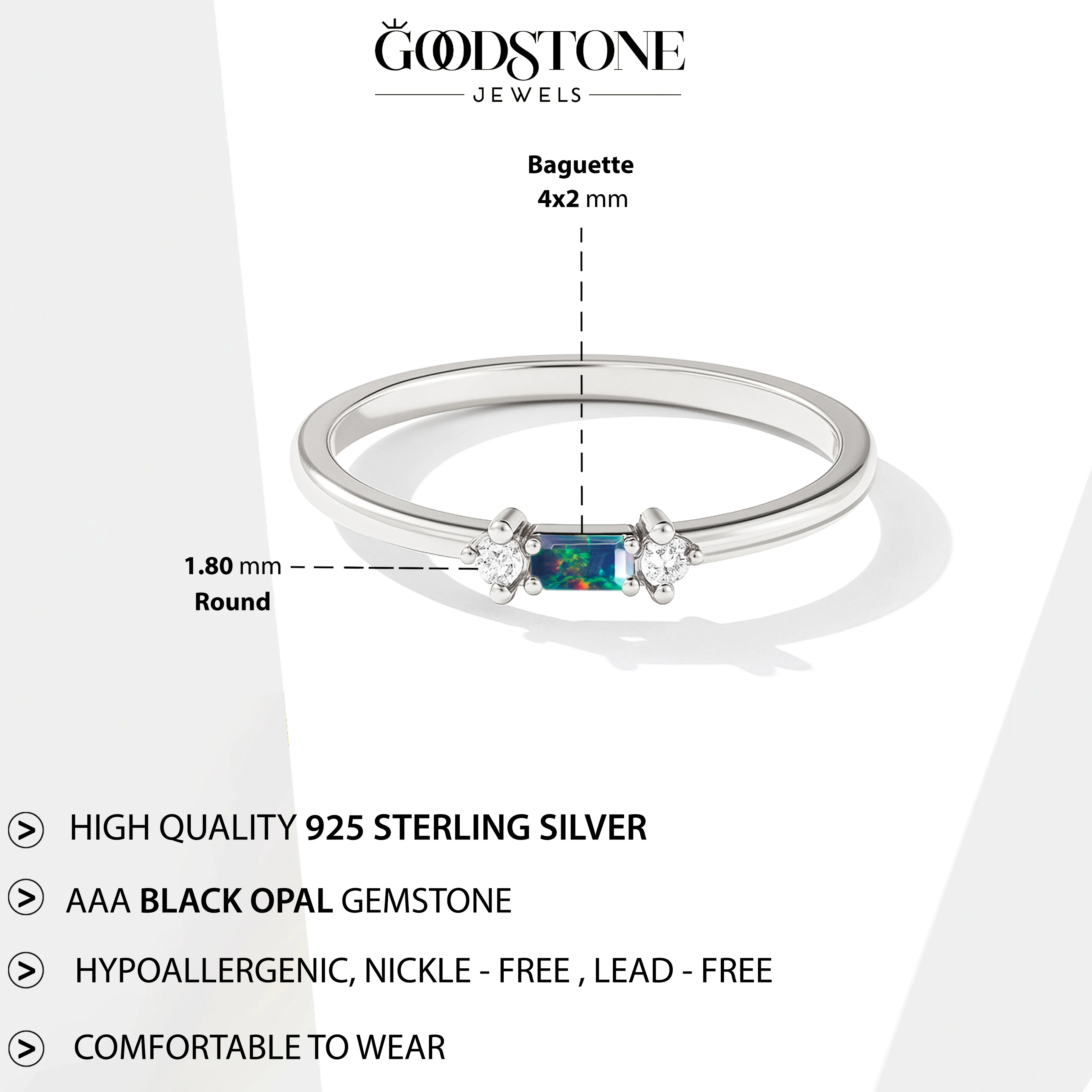 925 Sterling Silver Black Opal Baguette Two Solitaire Stone Ring with 4x2mm Stone 0.20ct - Image 6