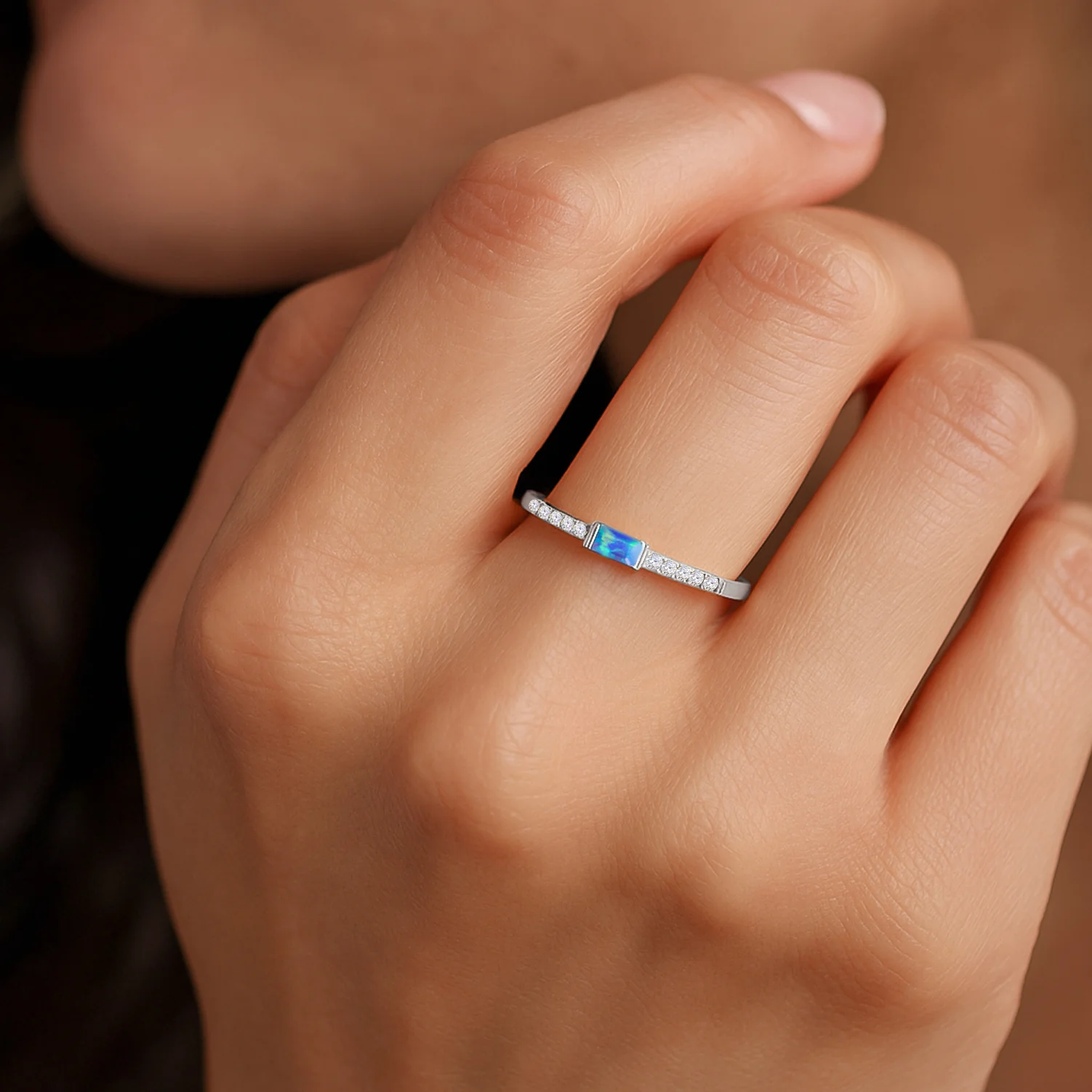 925 Sterling Silver Blue Opal Baguette Multi Solitaire Ring with 4x2mm Stone 0.20ct - Image 14
