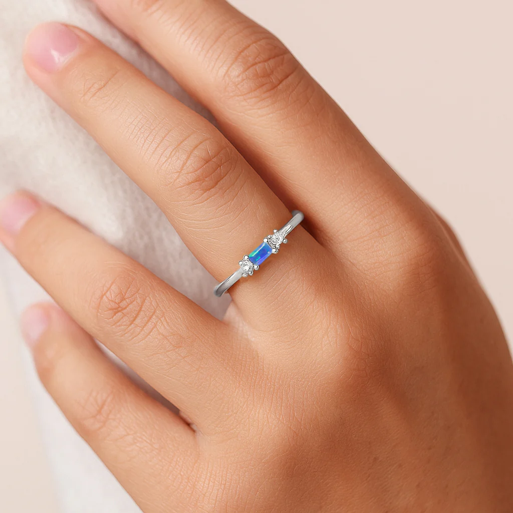 925 Sterling Silver Blue Opal Baguette Solitaire Ring with 4x2mm Stone 0.20ct - Image 2