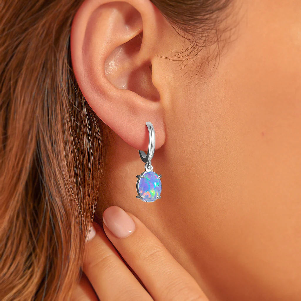 925 Sterling Silver Blue Opal Oval Drop Hoop Earrings Luxury 1.80 Ct - Image 2