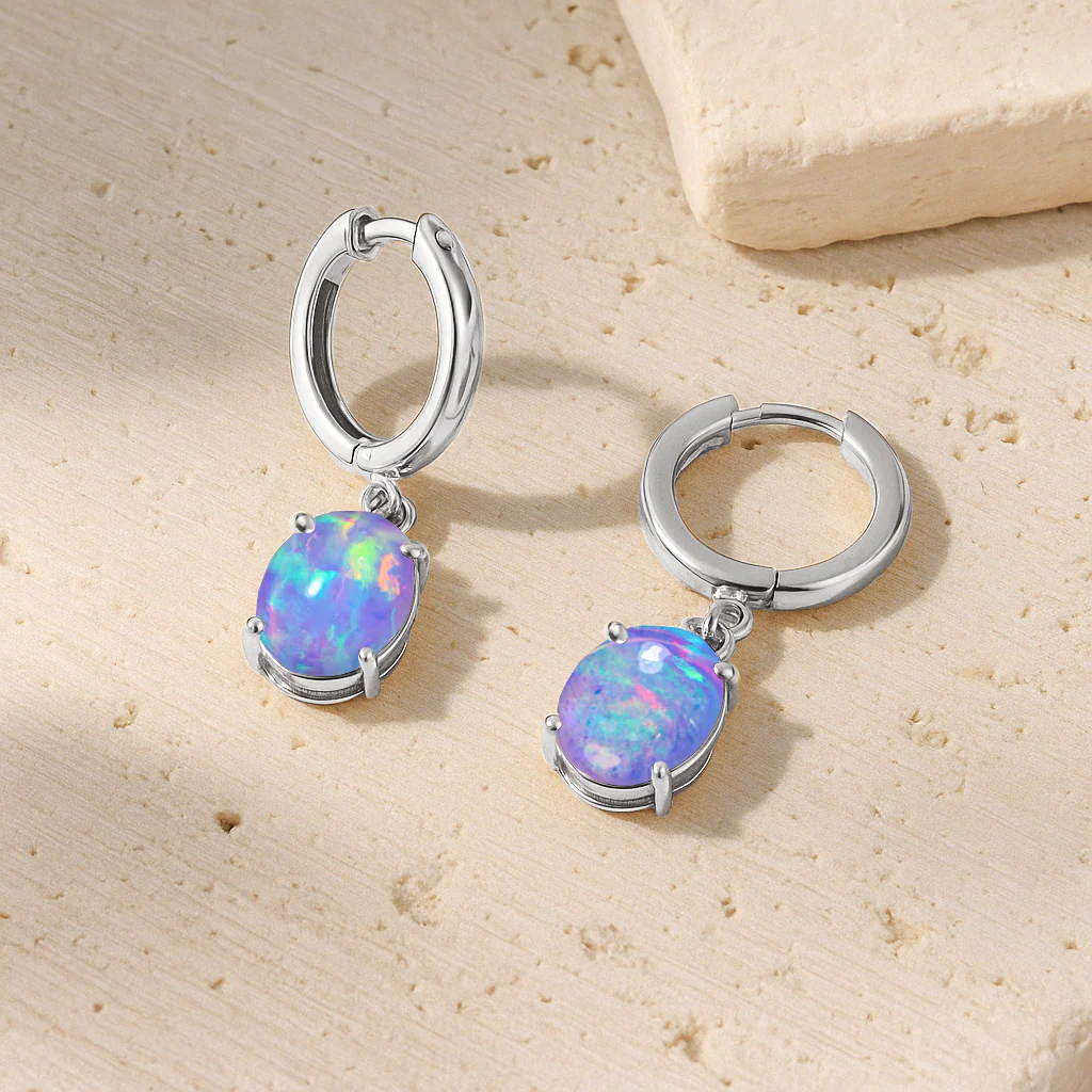 925 Sterling Silver Blue Opal Oval Drop Hoop Earrings Luxury 1.80 Ct - Image 6