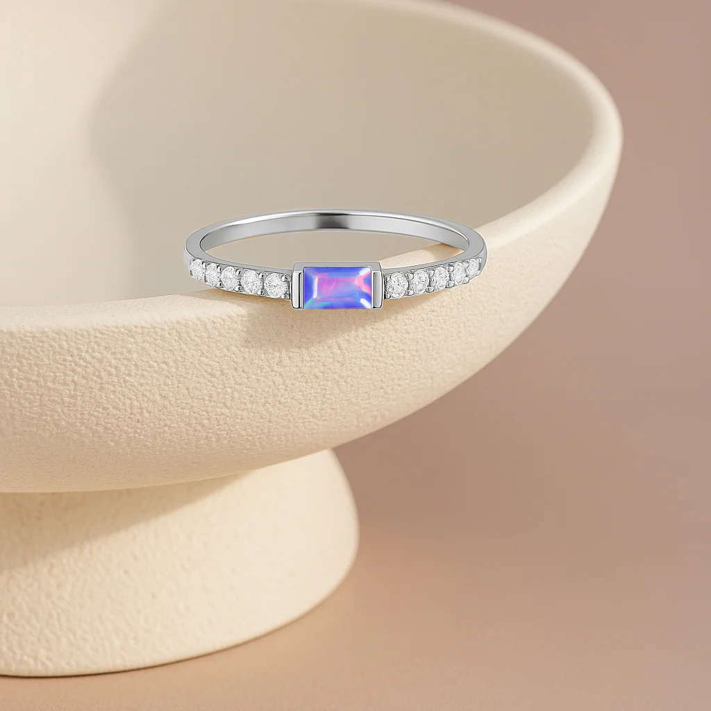 925 Sterling Silver Lavender Opal Baguette Multi Solitaire Designed Ring with 4x2mm Stone (0.20ct) - Image 3