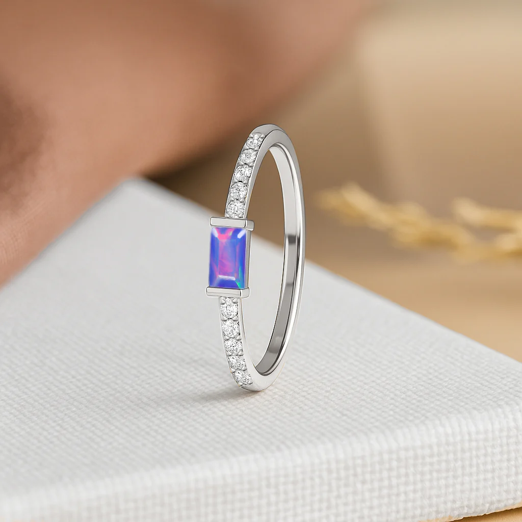 925 Sterling Silver Lavender Opal Baguette Multi Solitaire Designed Ring with 4x2mm Stone (0.20ct) - Image 4