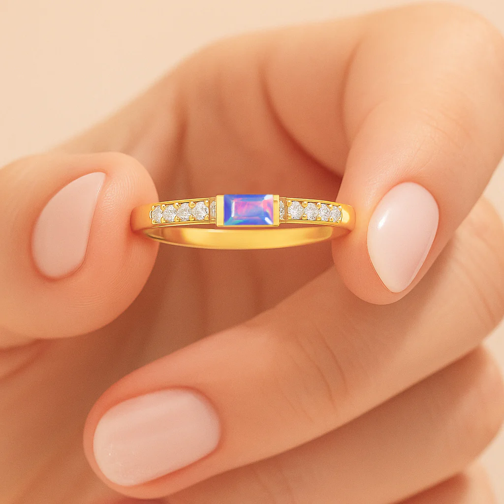 925 Sterling Silver Lavender Opal Baguette Multi Solitaire Designed Ring with 4x2mm Stone (0.20ct) - Image 9