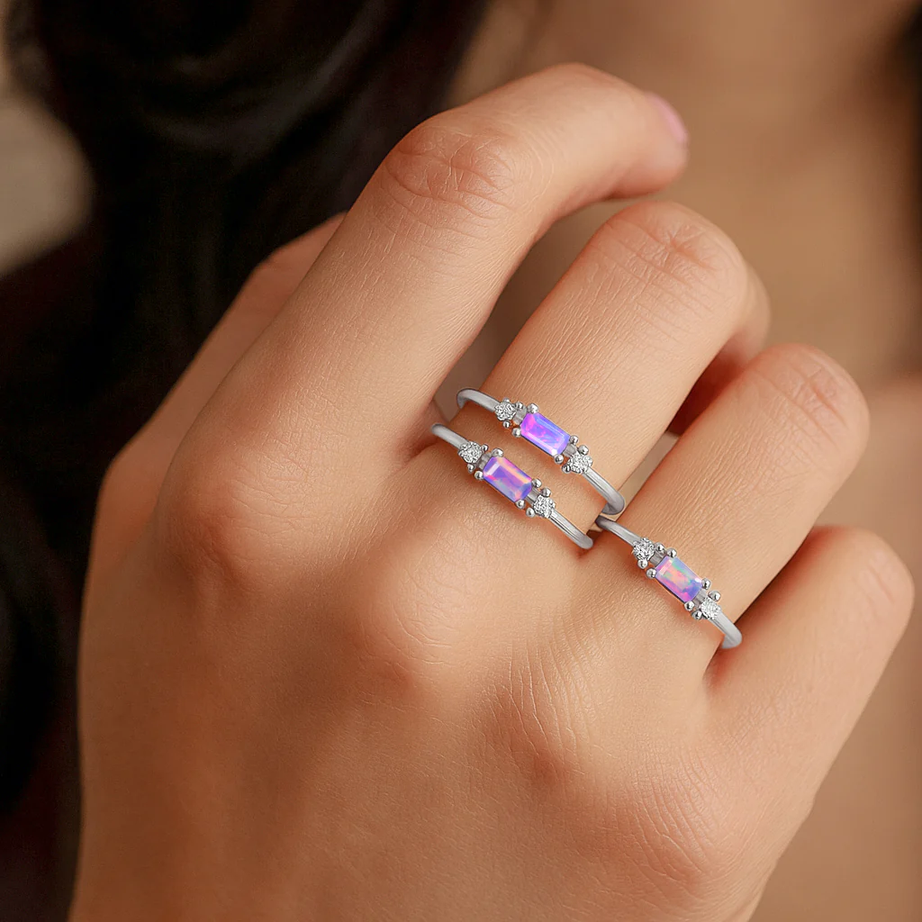 925 Sterling Silver Lavender Opal Baguette Two Solitaire Stone Ring with 4x2mm Stone 0.20ct - Image 3