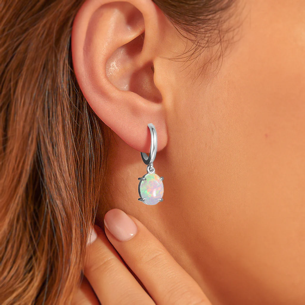 925 Sterling Silver White Opal Oval Drop Hoop Earrings Luxury 1.80 Ct - Image 16