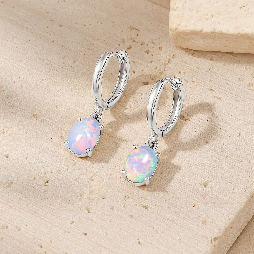 925 Sterling Silver White Opal Oval Drop Hoop Earrings Luxury 1.80 Ct - Image 3