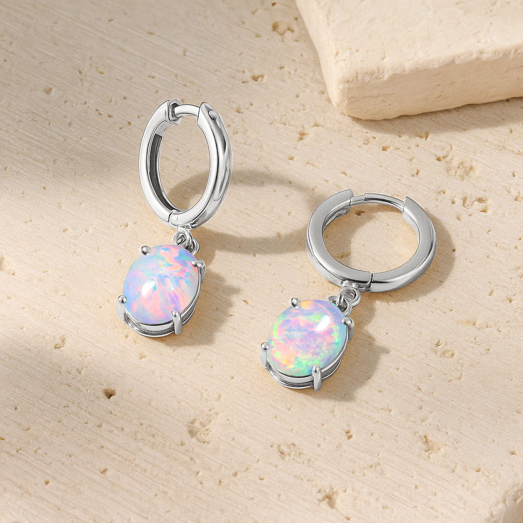 925 Sterling Silver White Opal Oval Drop Hoop Earrings Luxury 1.80 Ct - Image 4