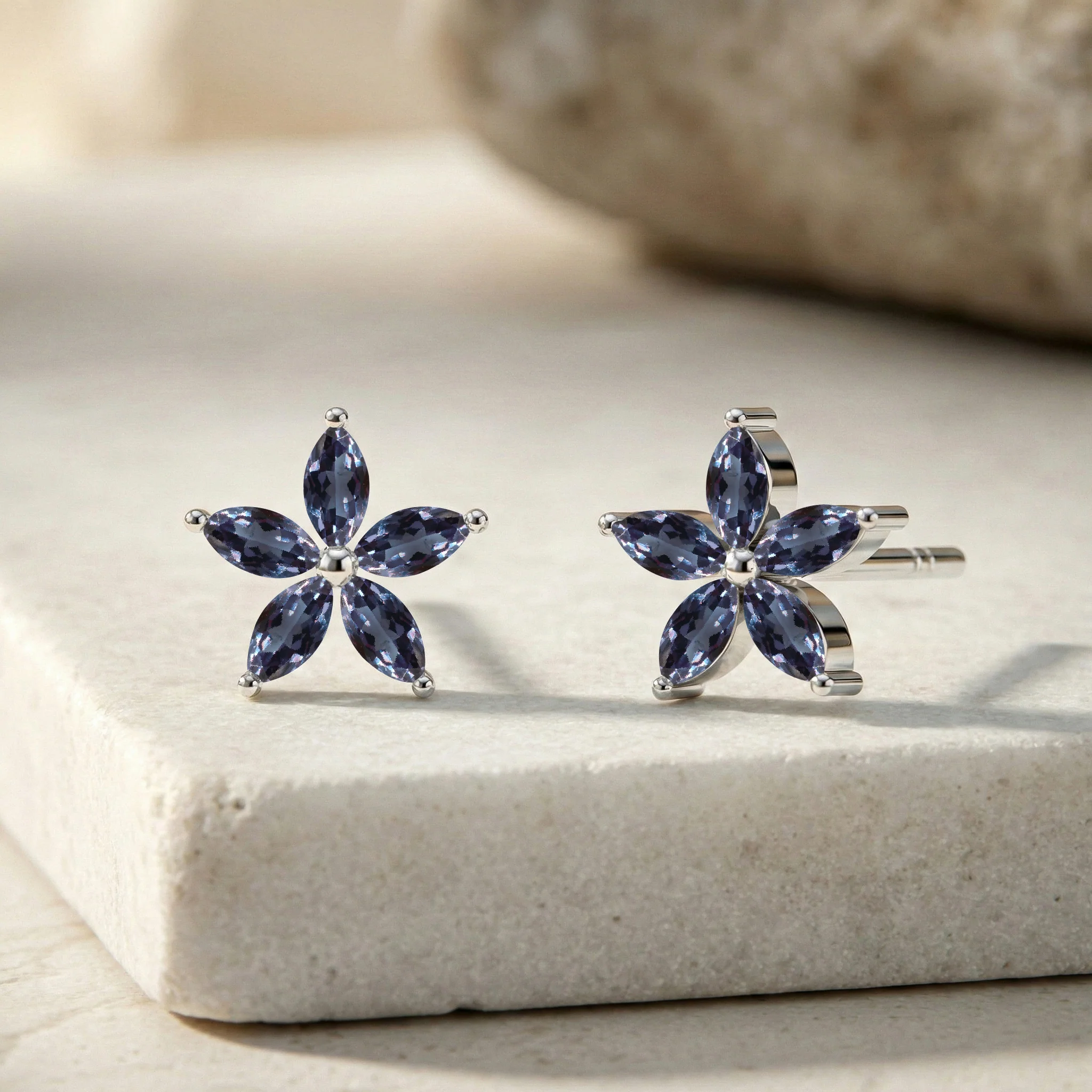 Alexandrite Flower and Marquis Shape Stud Earring in 925 Sterling Silver 4X2 MM 3ct. - Image 7