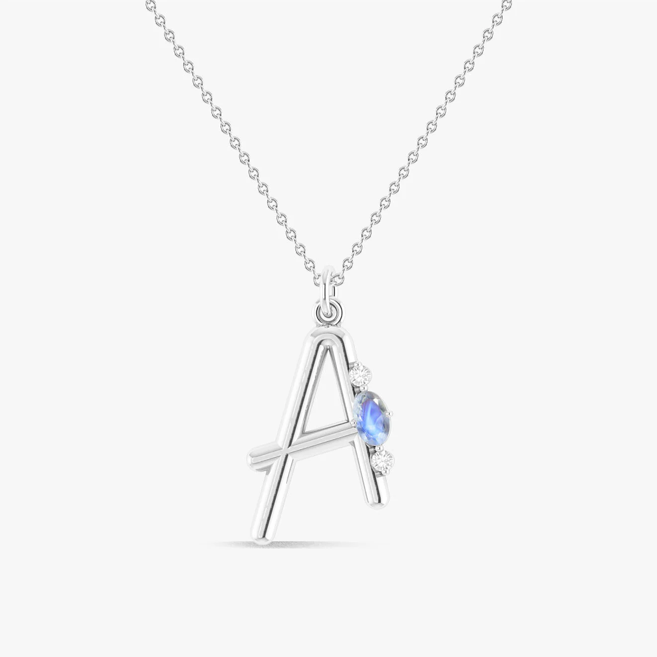 Alphabet Initial A Pendant Necklace with Natural Moonstone & Zircon