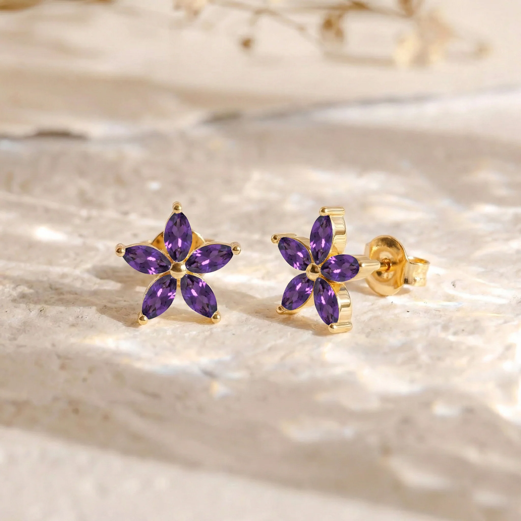 Amethyst Flower and Marquis Shape Stud Earring in 925 Sterling Silver 4X2 MM 3ct. - Image 10