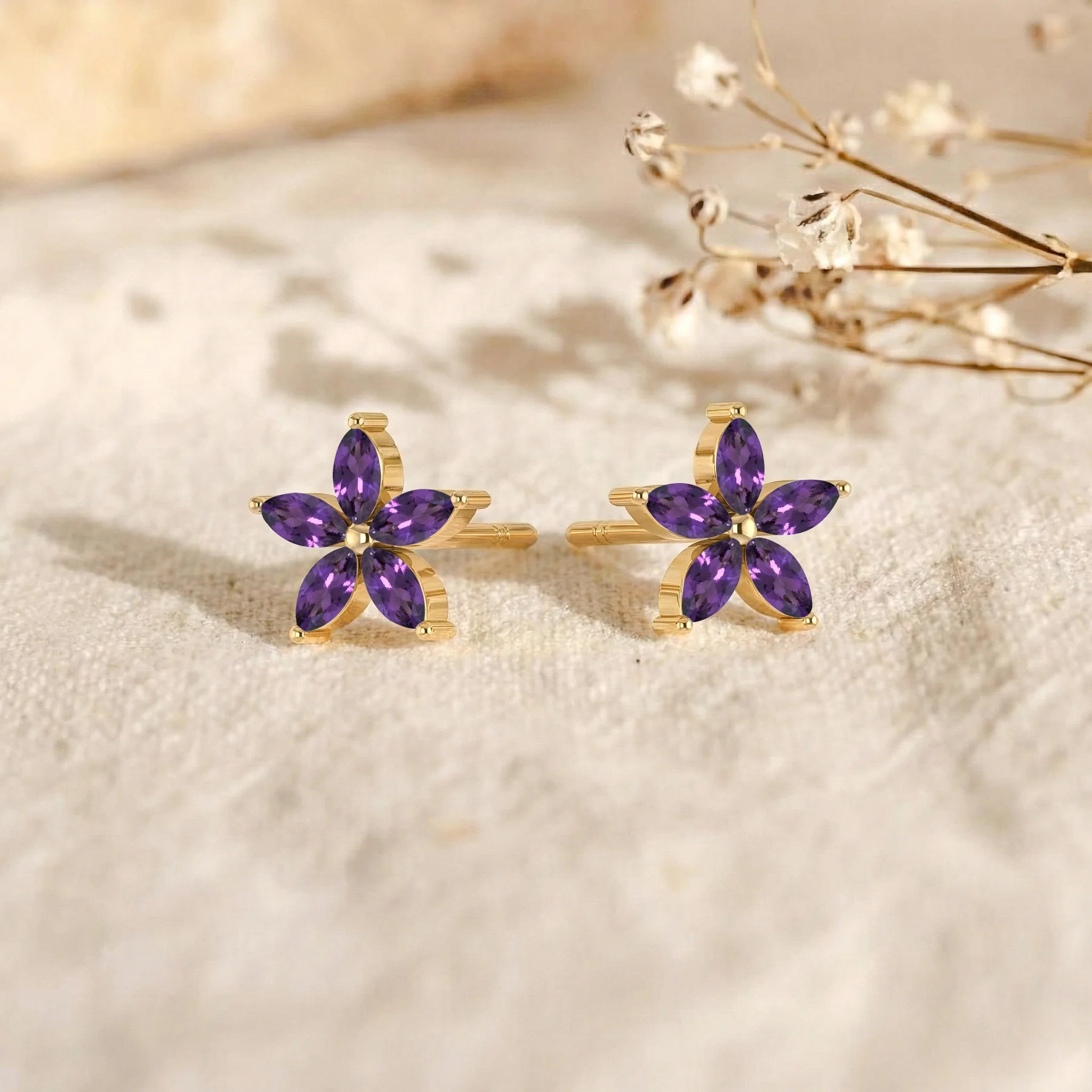 Amethyst Flower and Marquis Shape Stud Earring in 925 Sterling Silver 4X2 MM 3ct. - Image 11
