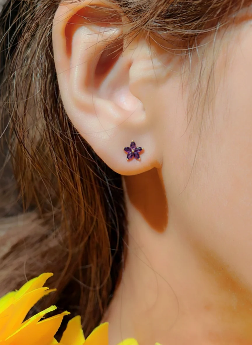 Amethyst Flower and Marquis Shape Stud Earring in 925 Sterling Silver 4X2 MM 3ct. - Image 13