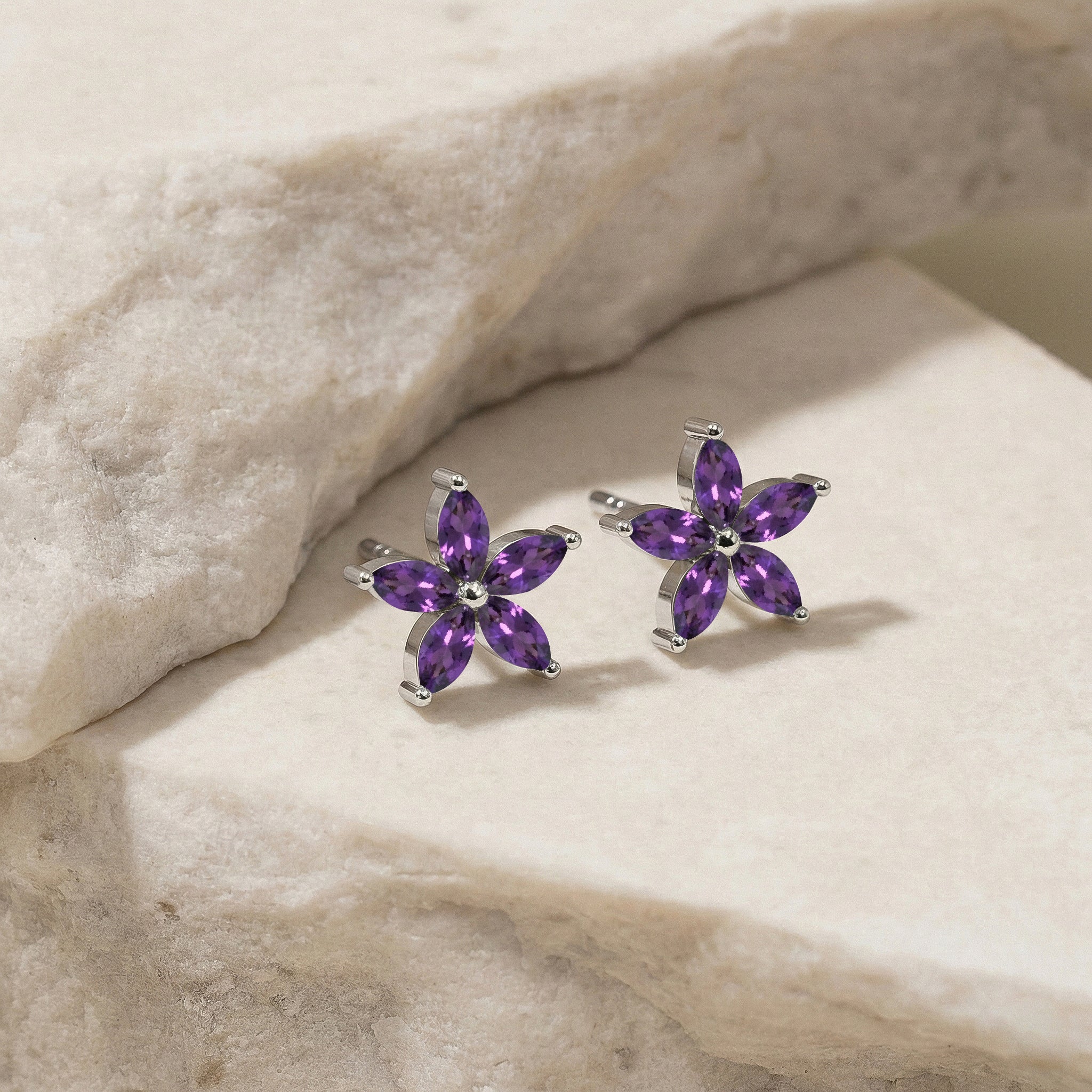 Amethyst Flower and Marquis Shape Stud Earring in 925 Sterling Silver 4X2 MM 3ct. - Image 2