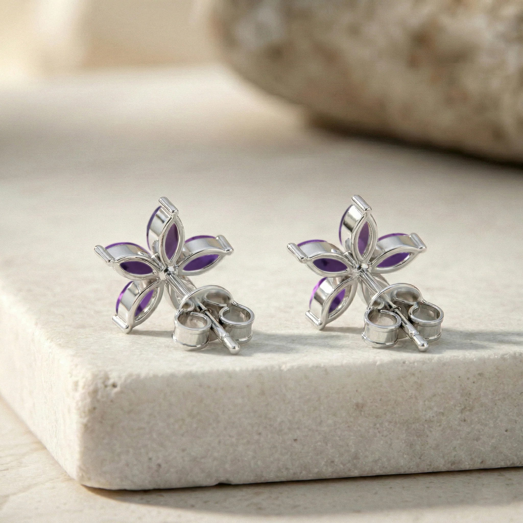 Amethyst Flower and Marquis Shape Stud Earring in 925 Sterling Silver 4X2 MM 3ct. - Image 7