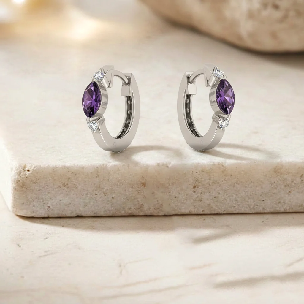 Amethyst Marquise Hoop Earring in 925 Sterling Silver 5x3 MM 1 -ct. - Image 2