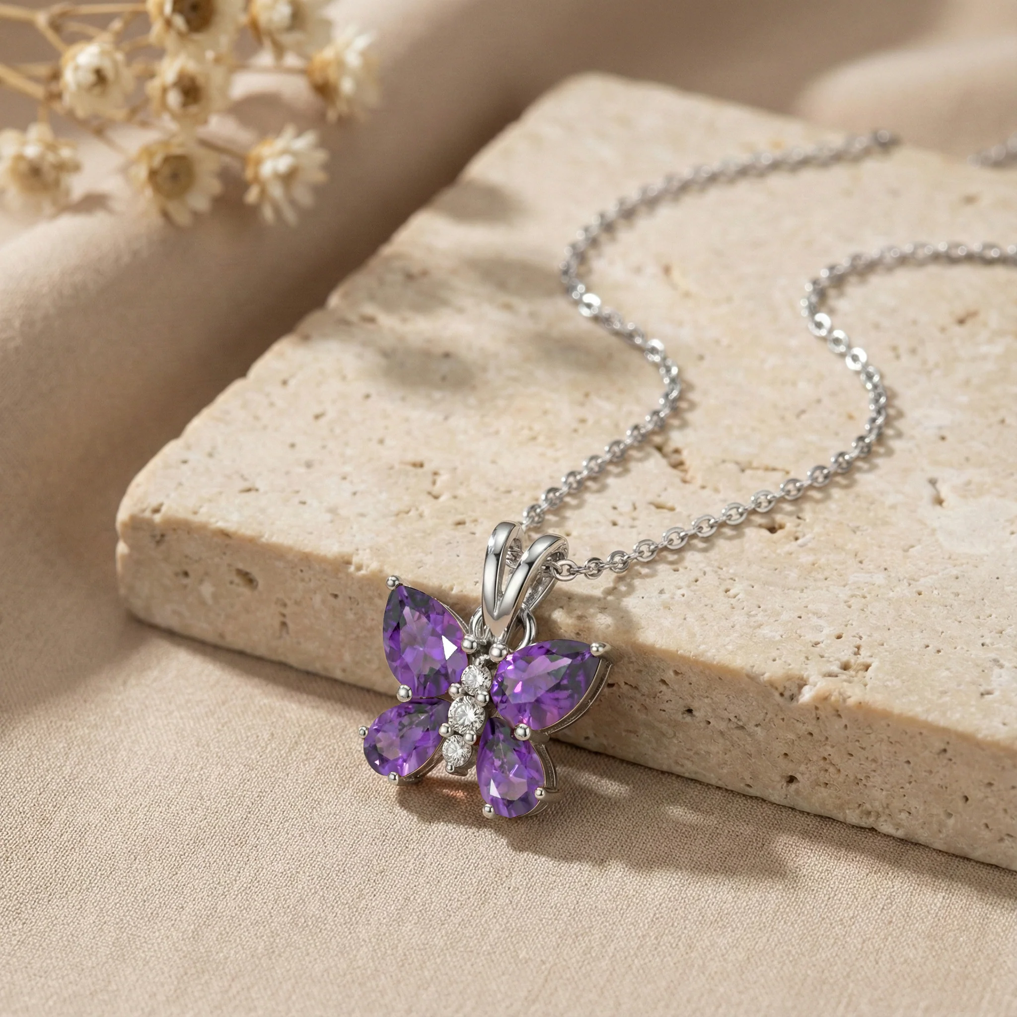 Amethyst Pear Butterfly Pendant Necklace in 925 Sterling Silver 2ct - Image 6