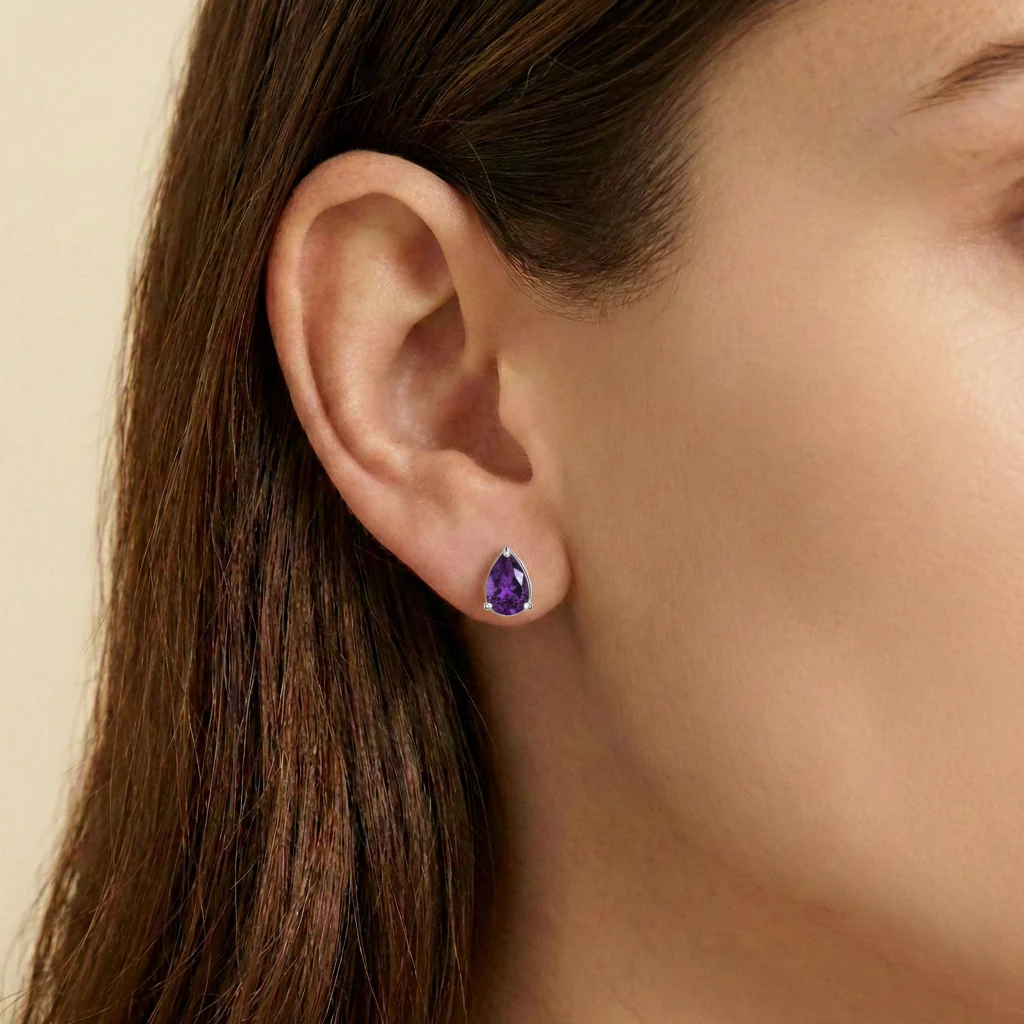 Amethyst Pear Solitaire Stud Earring in 925 Sterling Silver 10X8 MM 5.35ct - Image 7