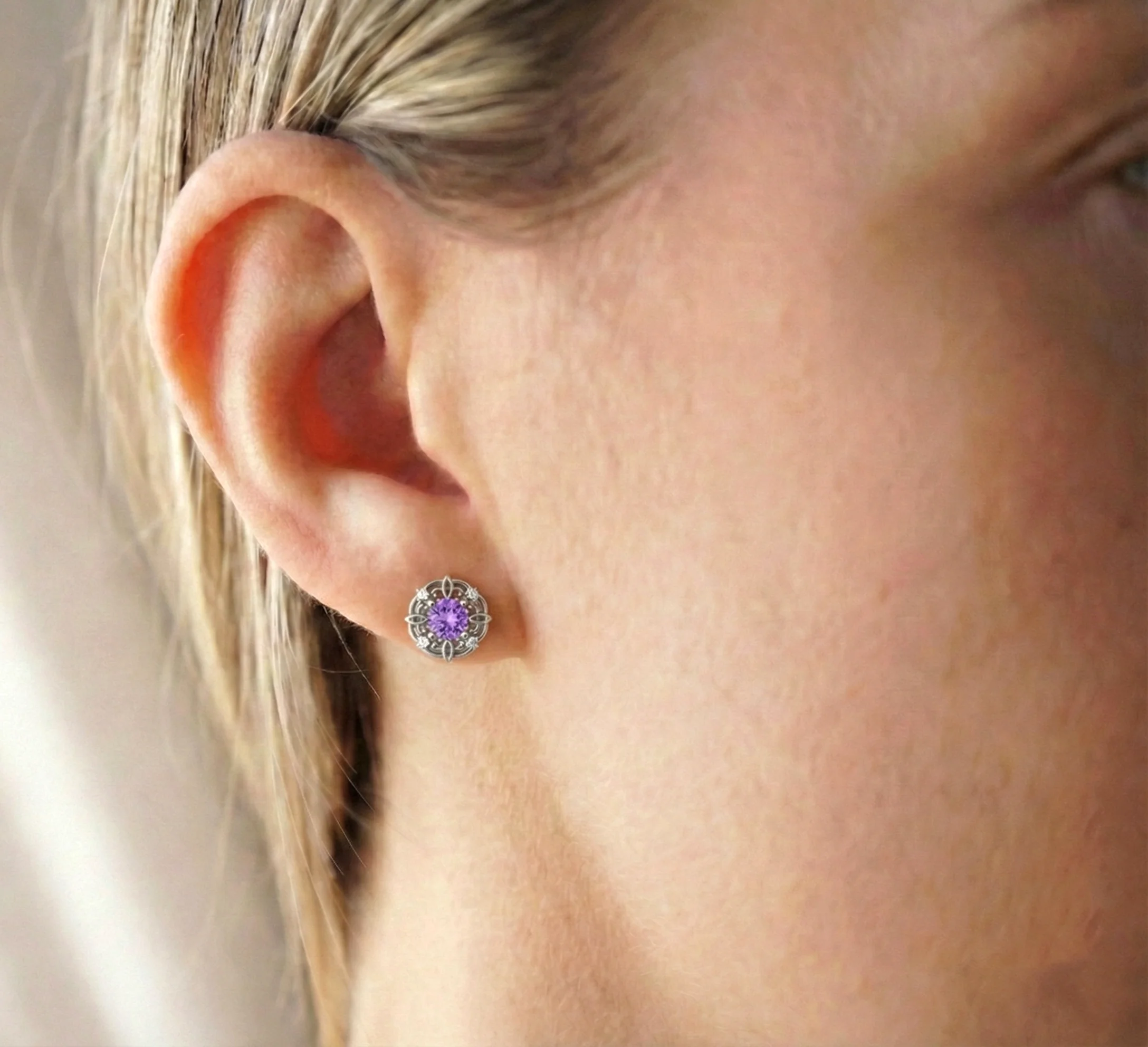 Amethyst Round Halo Stud Earrings in 925 Sterling Silver 5MM 1.30ct - Image 5