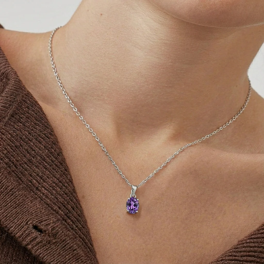 Amethyst Solitaire Pendant Necklace in 925 Sterling Silver 9x7 MM 1.4ct - Image 3