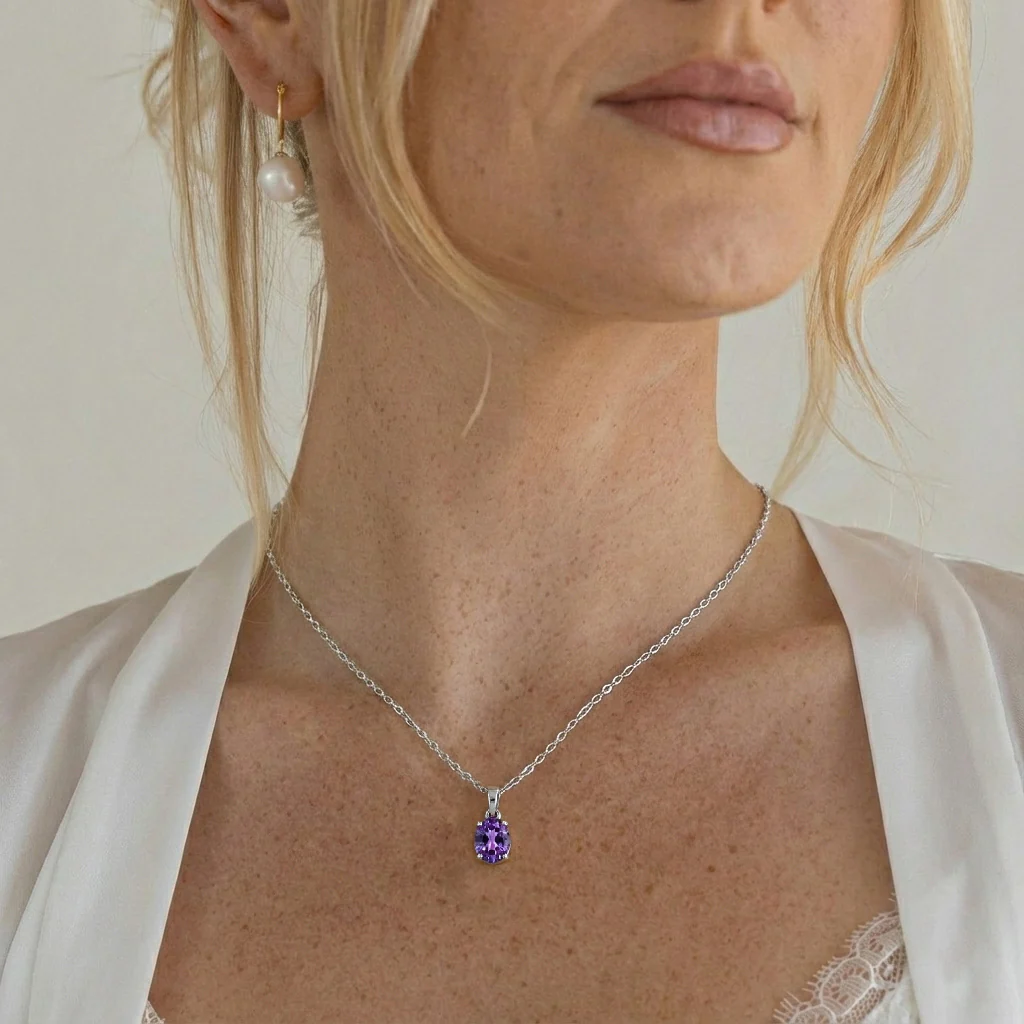 Amethyst Solitaire Pendant Necklace in 925 Sterling Silver 9x7 MM 1.4ct - Image 4