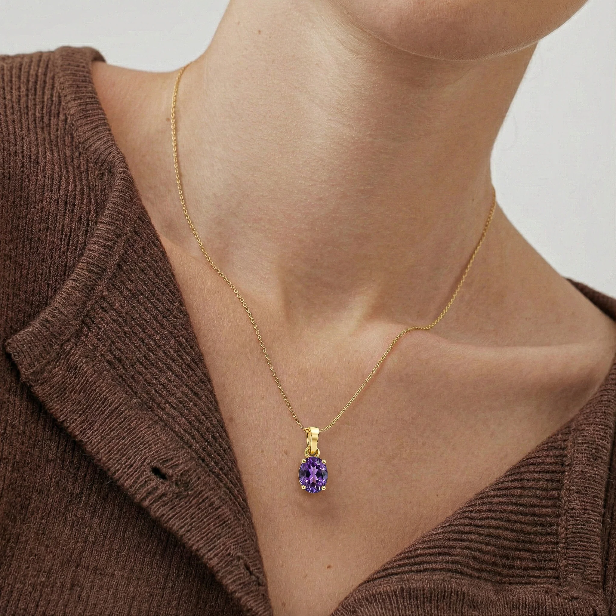 Amethyst Solitaire Pendant Necklace in 925 Sterling Silver 9x7 MM 1.4ct - Image 9