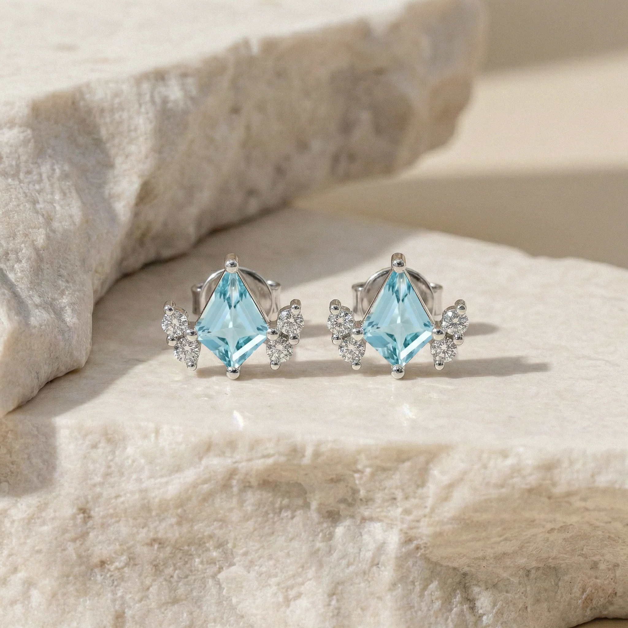 Aquamarine Kite Stud Earrings in 925 Sterling Silver 6x4 MM 1ct - Image 6