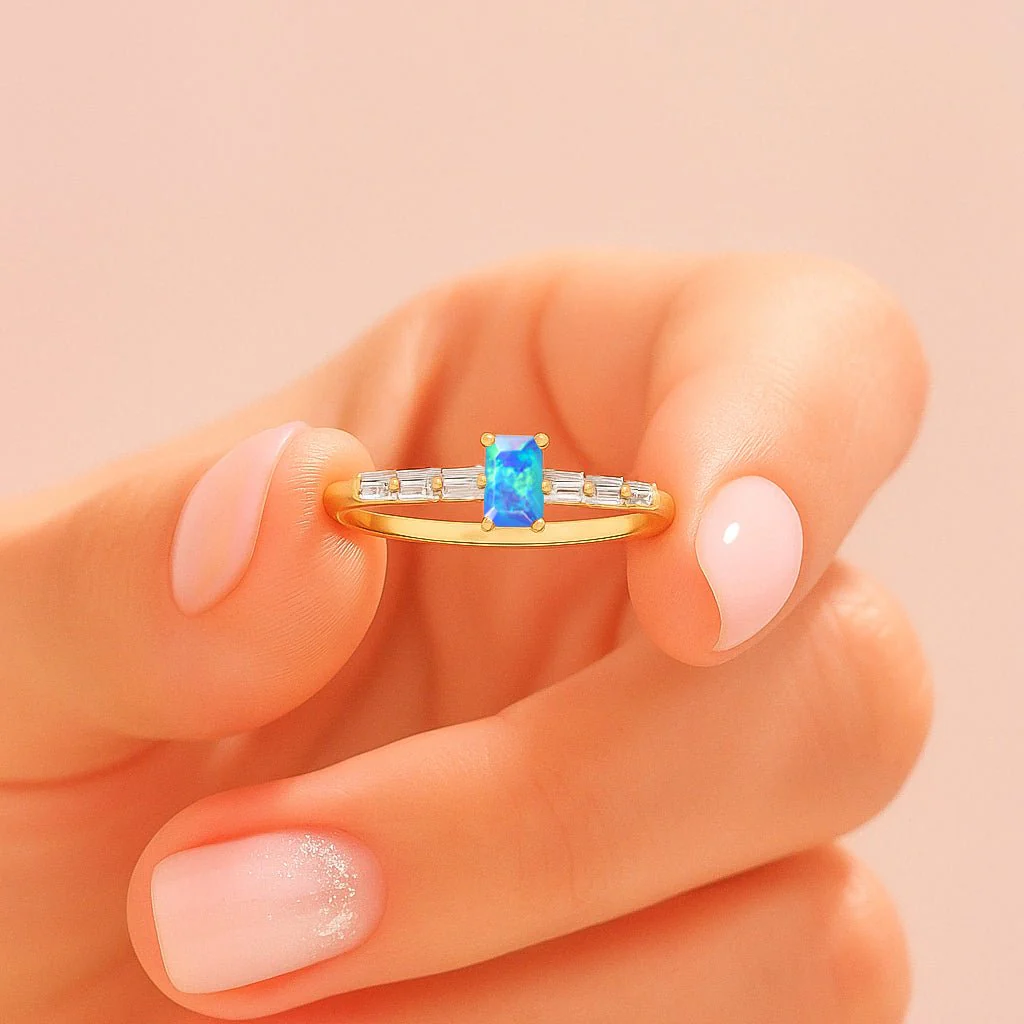 Baguette Cut Blue Opal Ring - Natural Designer Jewelry - Image 4