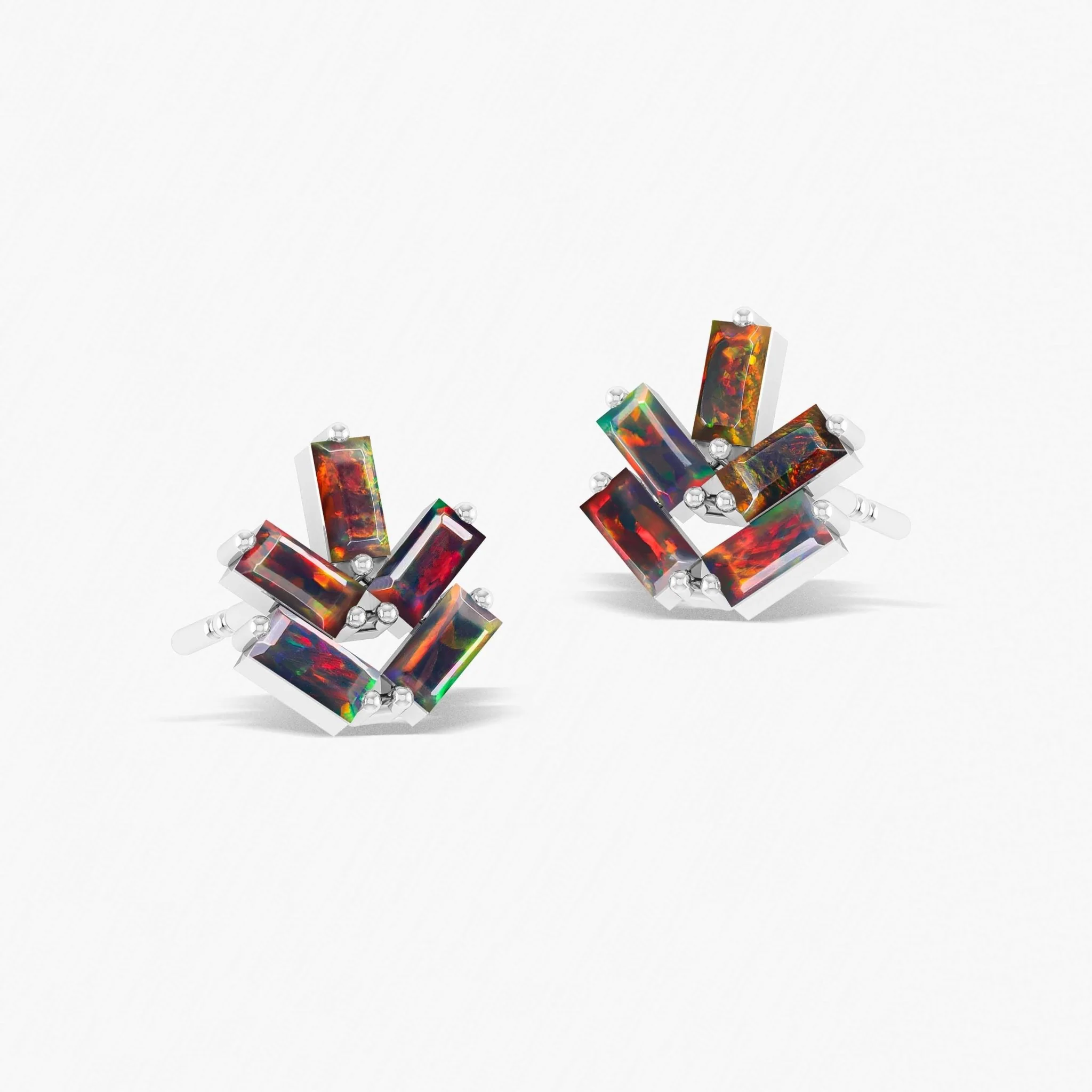 Baguette Shape Natural Black Opal Leaf Stud Earrings - Image 4