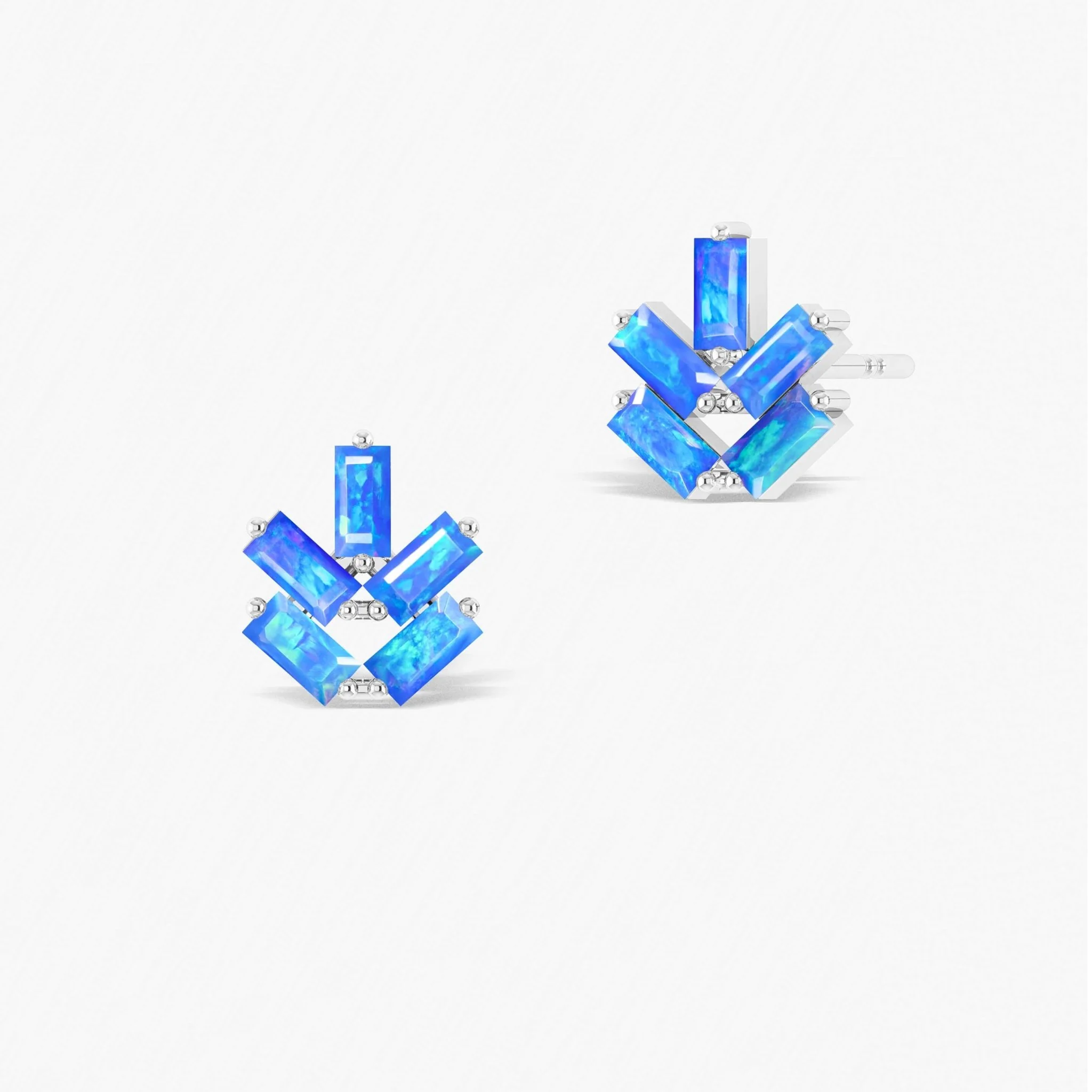 Baguette Shape Natural Blue Opal Leaf Stud Earrings