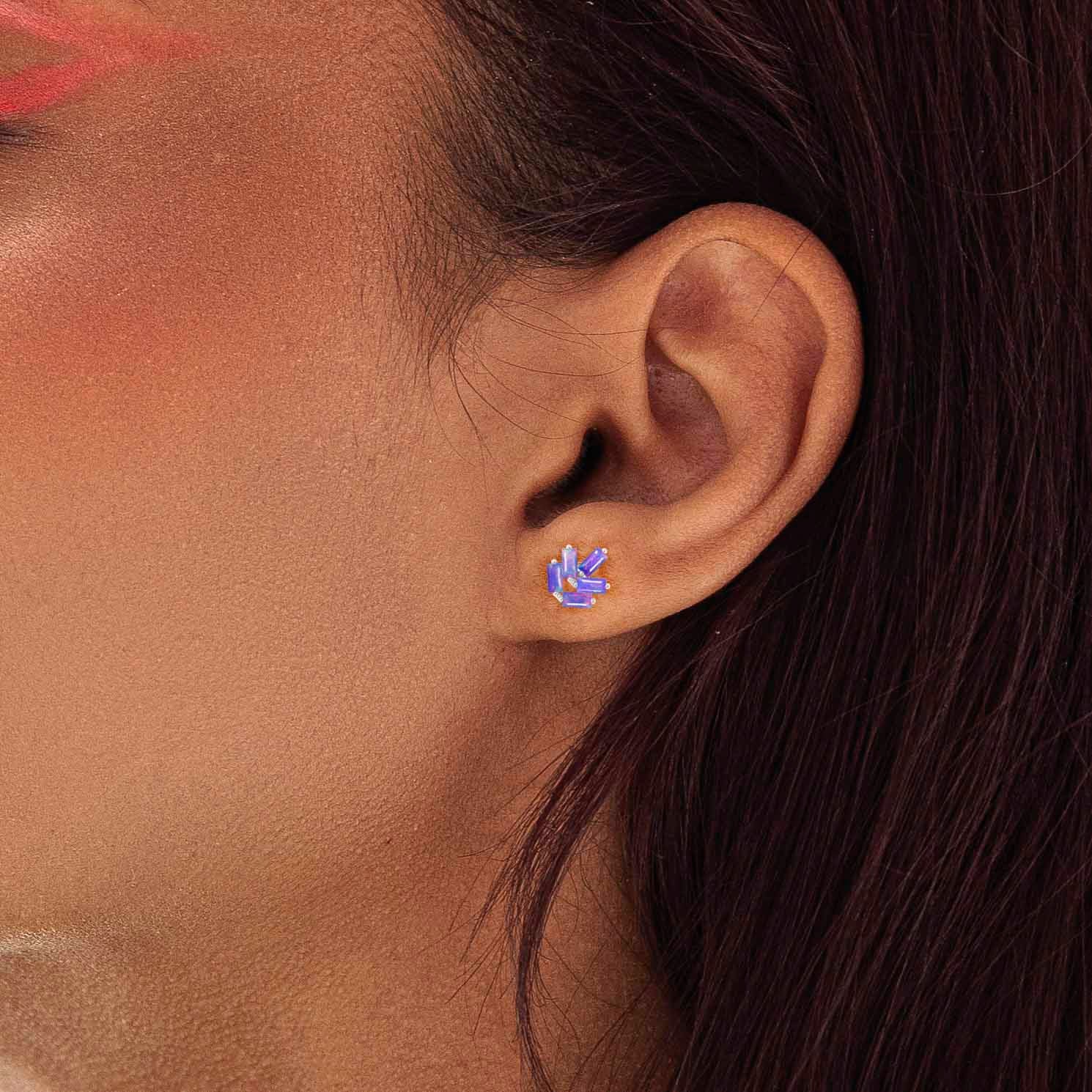 Baguette Shape Natural Lavender Opal Leaf Stud Earrings - Image 3