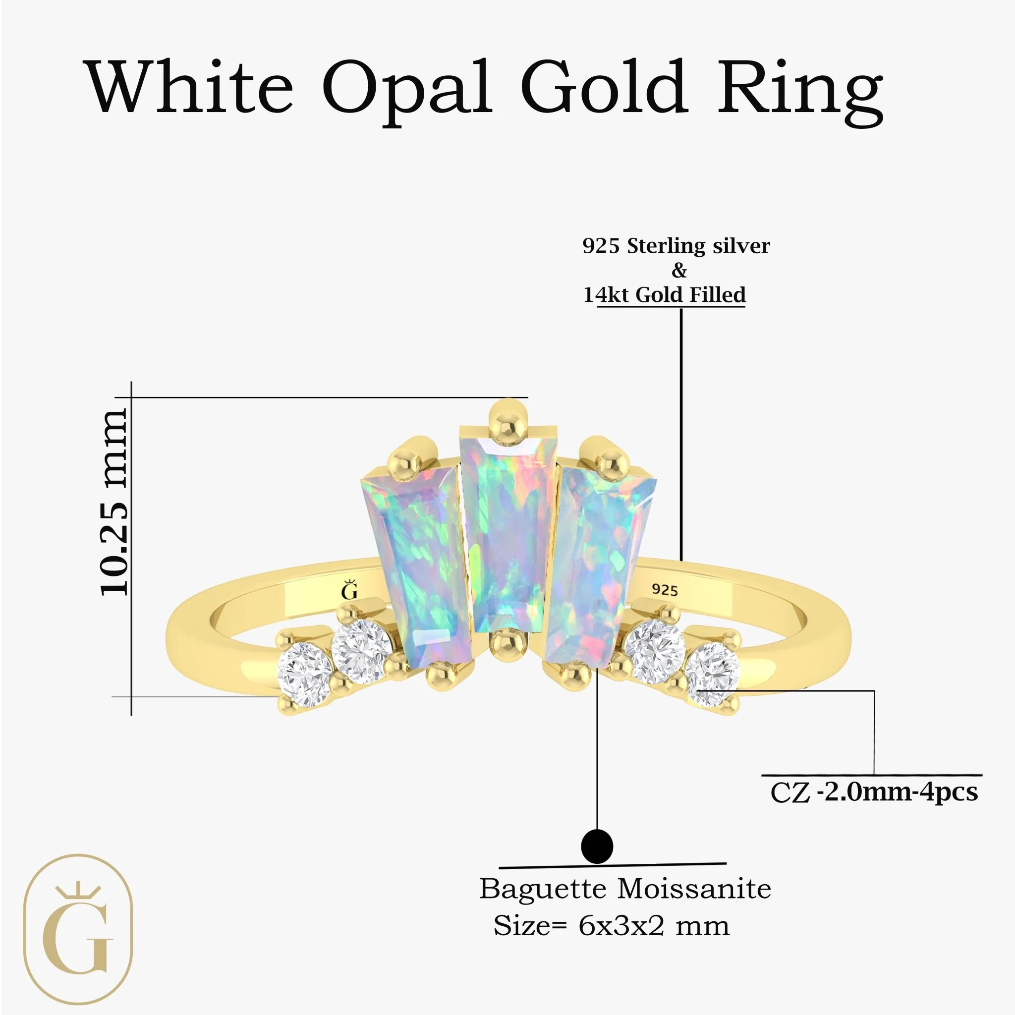 Baguette White Opal Ring with CZ - Image 4