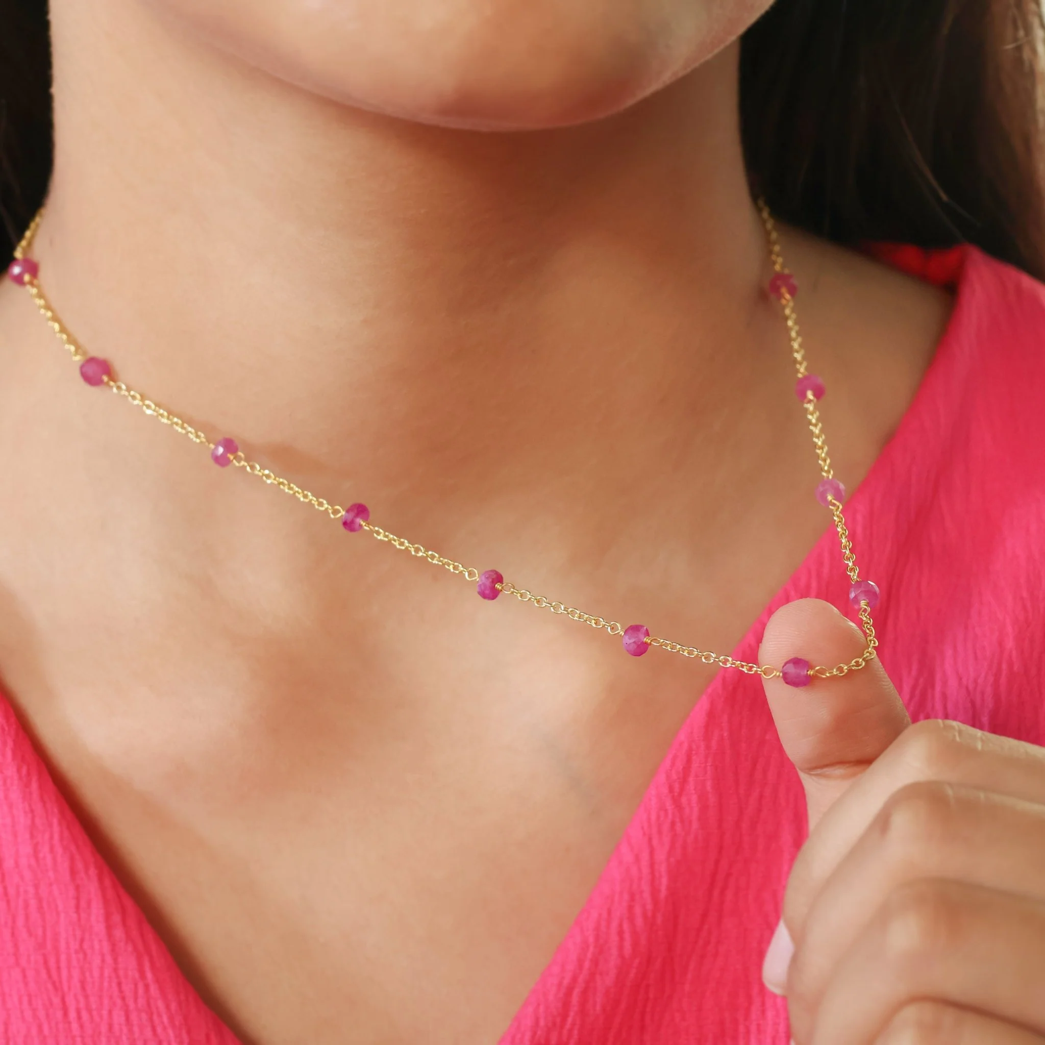 Beaded Chain Necklace for Women Natural Pink Ruby - Image 3